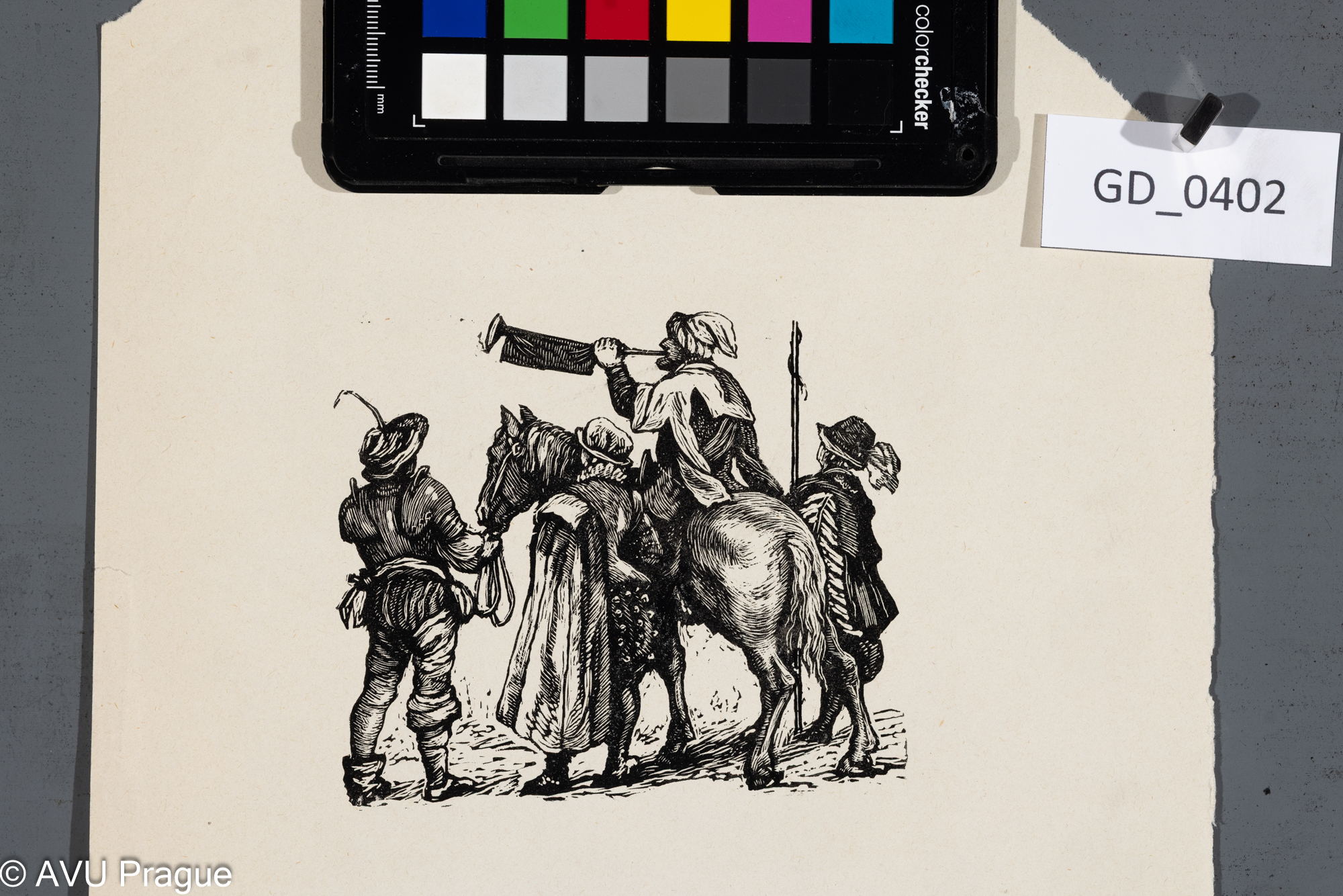 Neurčen, Ilustrace - Trubač na koni, Dřevoryt, 9 x 10,5, 29,5 x 20,8Silovský ?