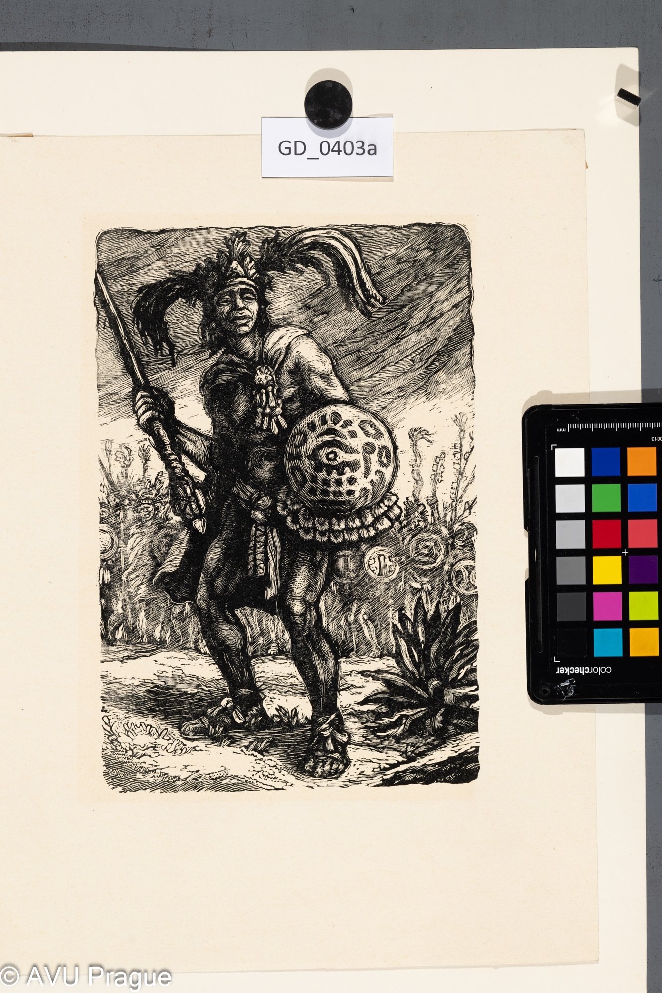 Neurčen, Ilustrace - Indiánský válečník, Dřevoryt, 23,5 x 15,7,38,7 x 25,3Silovský ?