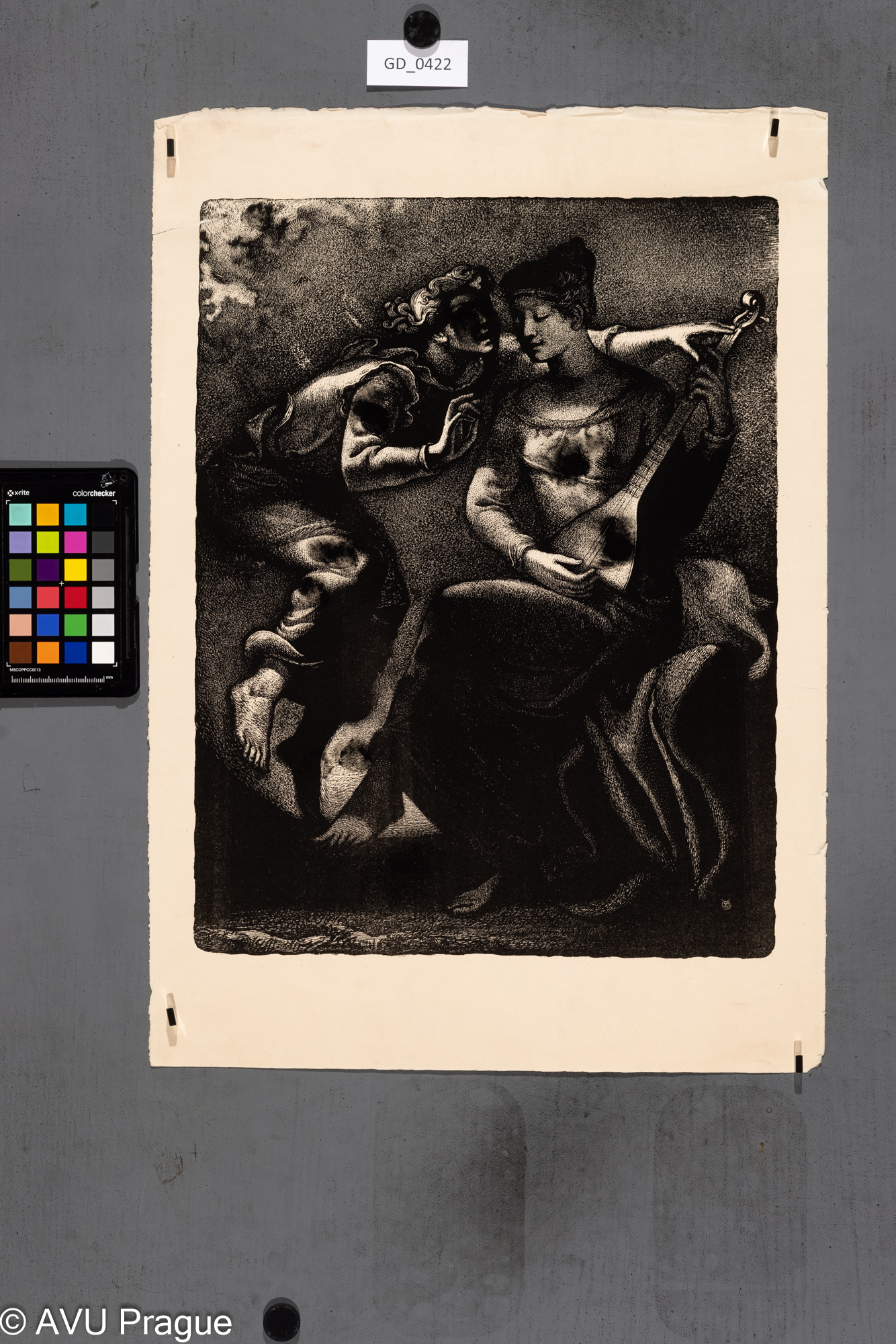 Neurčen, Žánr-ilustrace - hráčka na loutnu, Litografie - škrábaná,41,5 x 31,7, 52,5 x 36,9