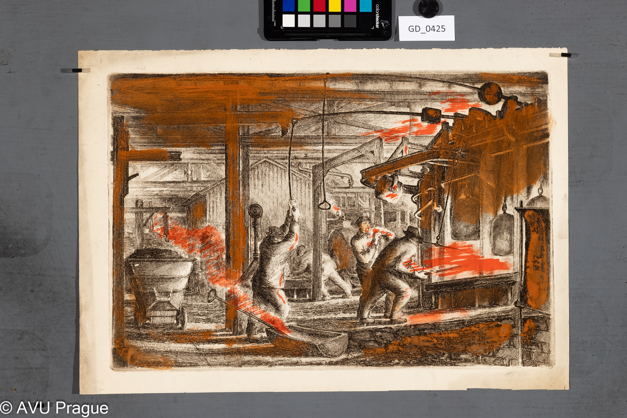 Neurčen, V továrně, Lept / kolorováno, 29,3 x 43,6, 30,5 x 48