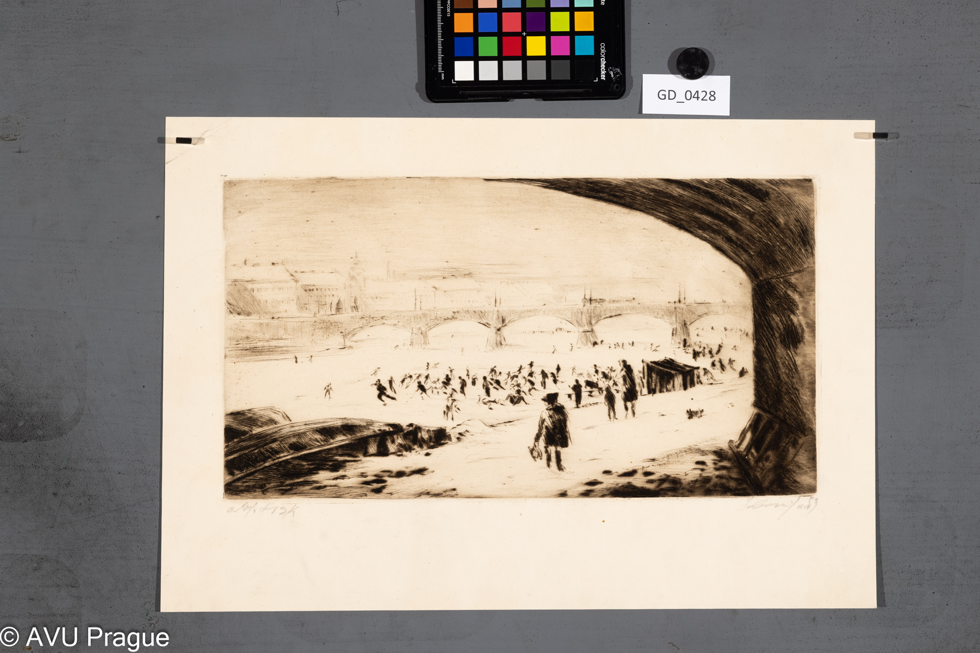 Neurčen, Bruslení na Vltavě,1953, Suchá jehla, 20,8 x 37,8, 30,5 x 44,7