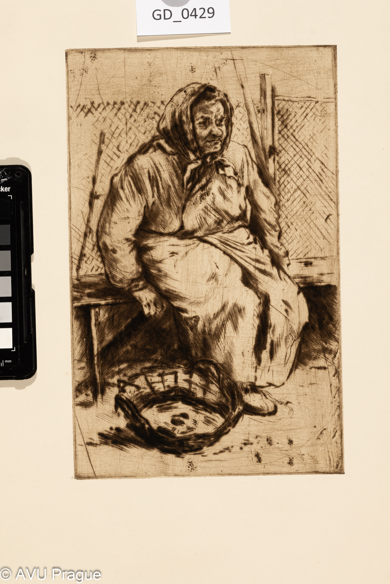 Neurčen, Stará žena s košíkem, Suchá jehla, 25 x 15,8, 51,4 x 34,5