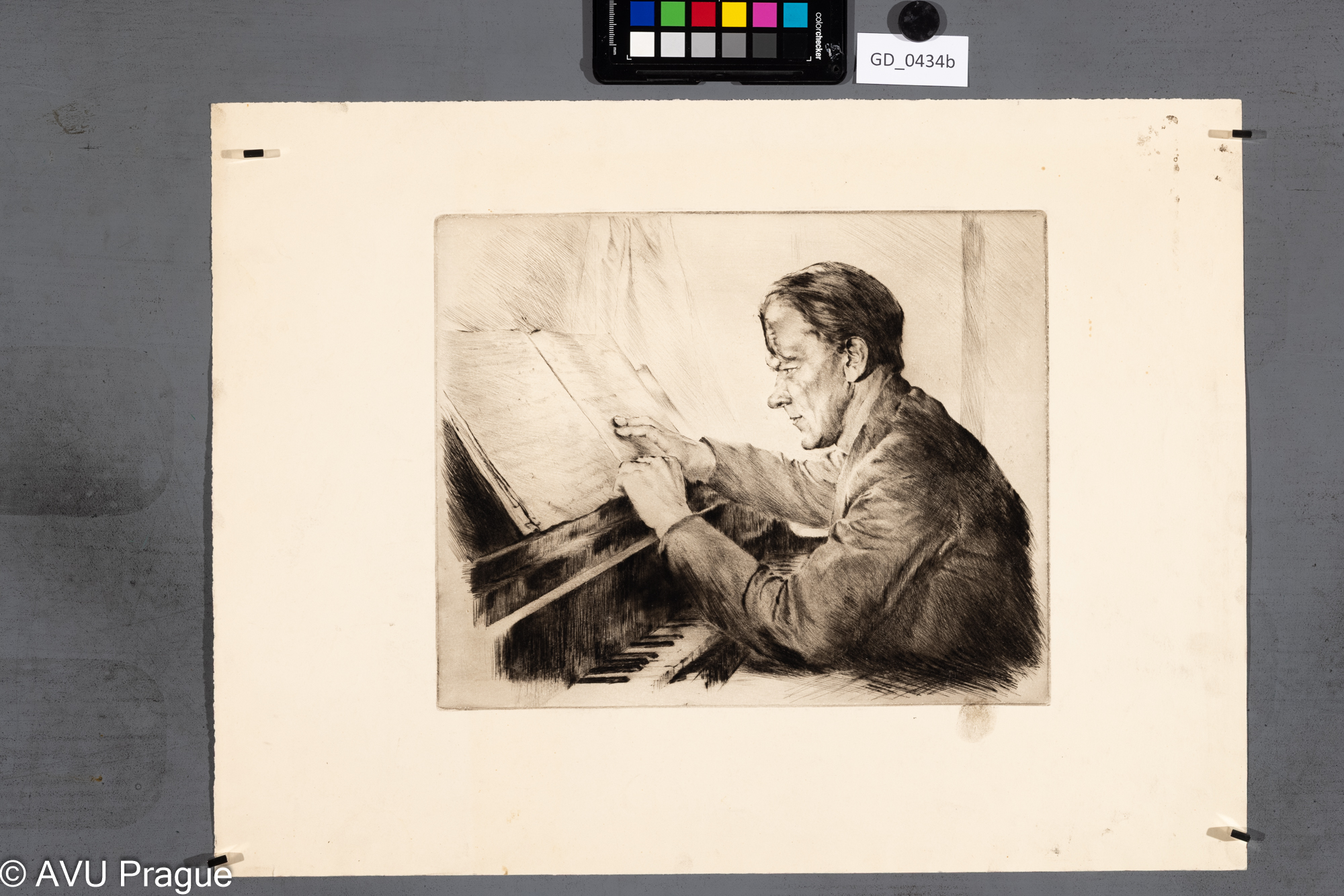 Neurčen, klavírista - úprava partitury, Suchá jehla, 24 x 30,3,38 x 50,7