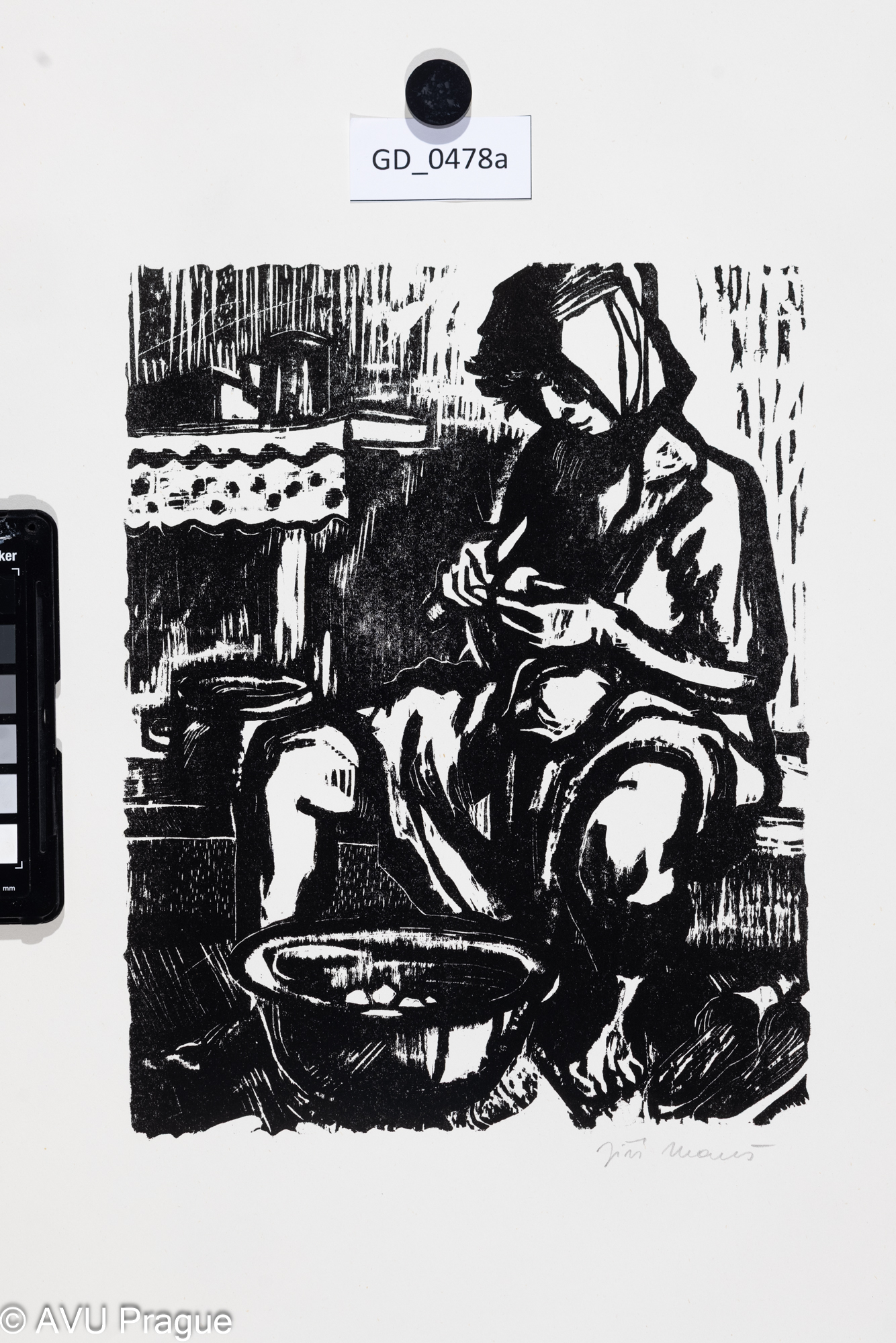 Jiří Mareš, Loupání brambor,Dřevořez, 26 x 20,5 , 62 x 46,1,Silovský