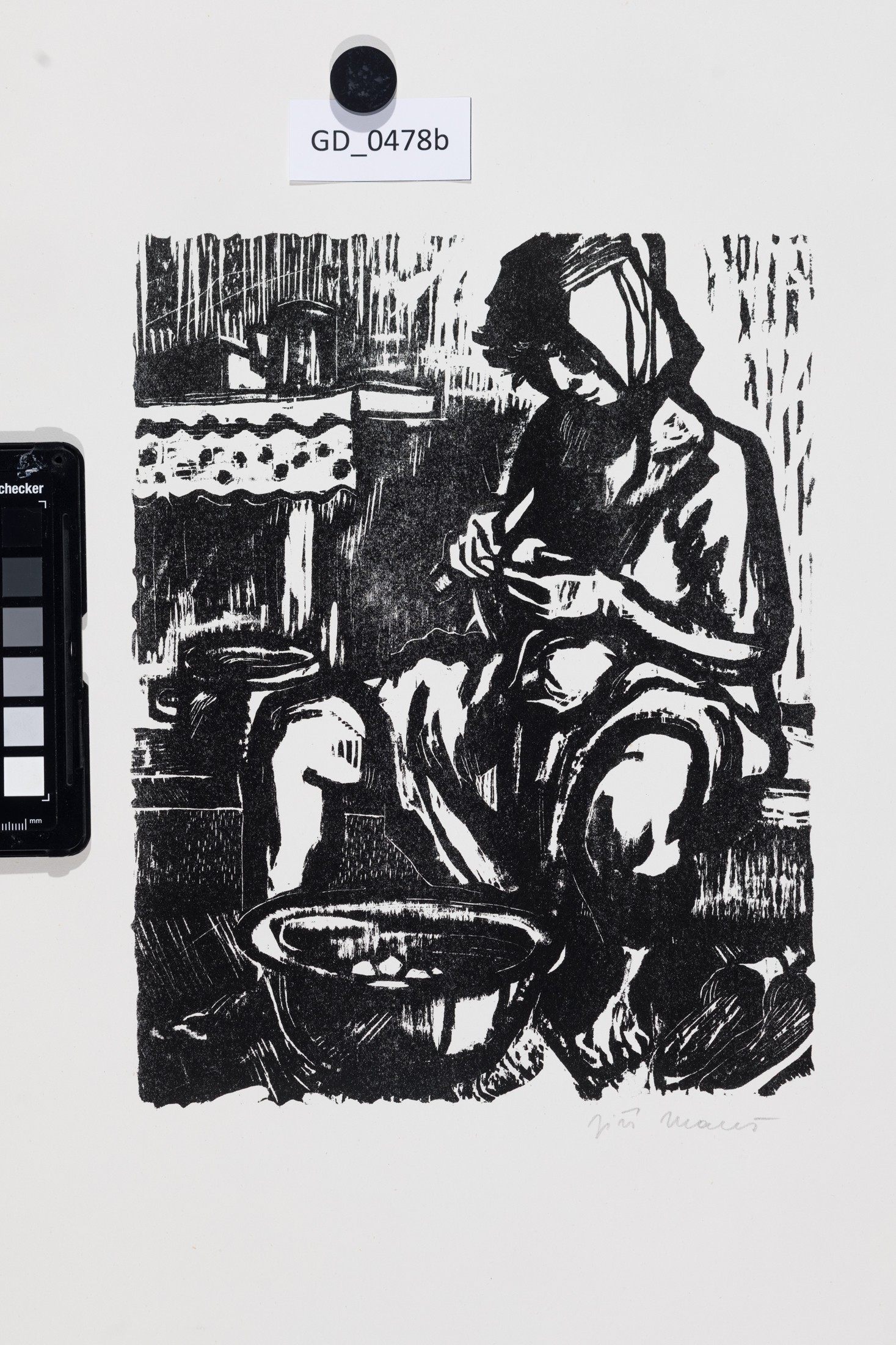 Jiří Mareš, Loupání brambor,Dřevořez, 26 x 20,5 , 62, 5 x  45,8,Silovský