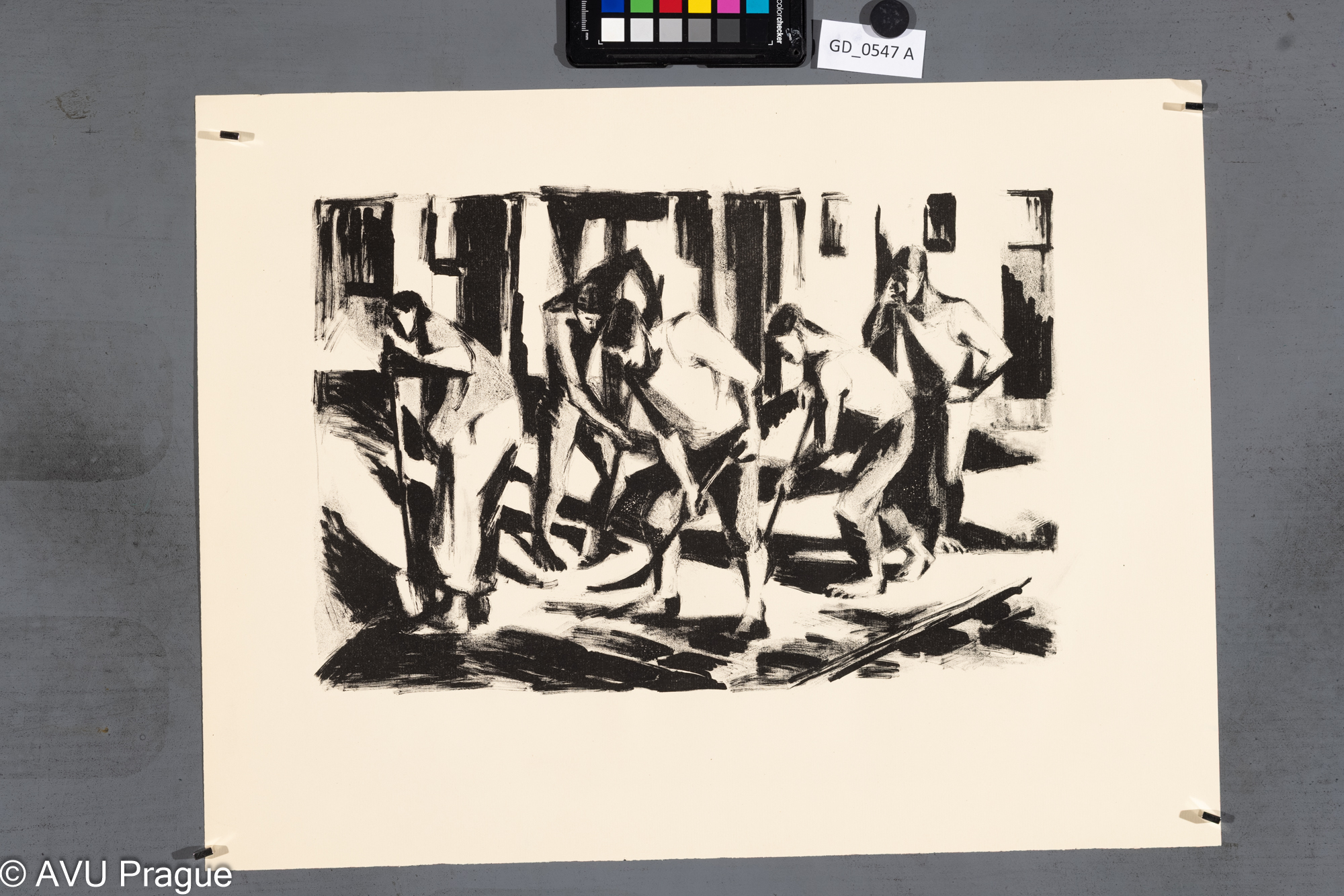 Nezjištěno, Úklid ulice - pět figur, 60. léta, Litografie, 26 x 38,5, 40.2 x 52,8