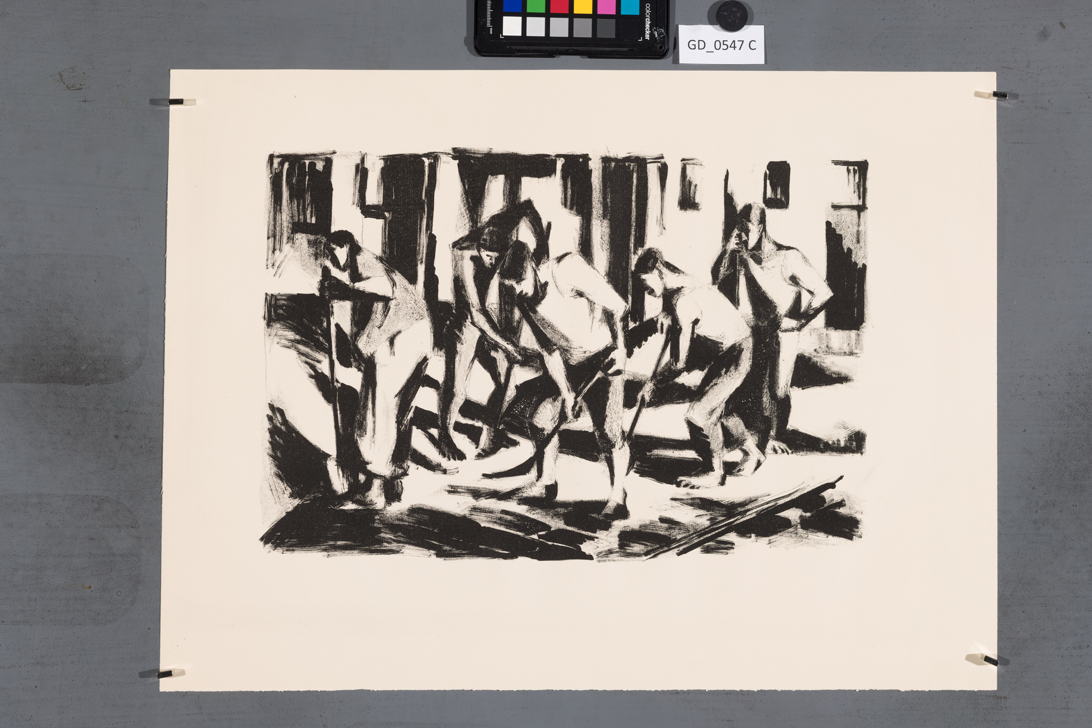 nezjištěno, Úklid ulice - pět figur,60. léta, Litografie, 26 x 38,5,39,6 x 53,6