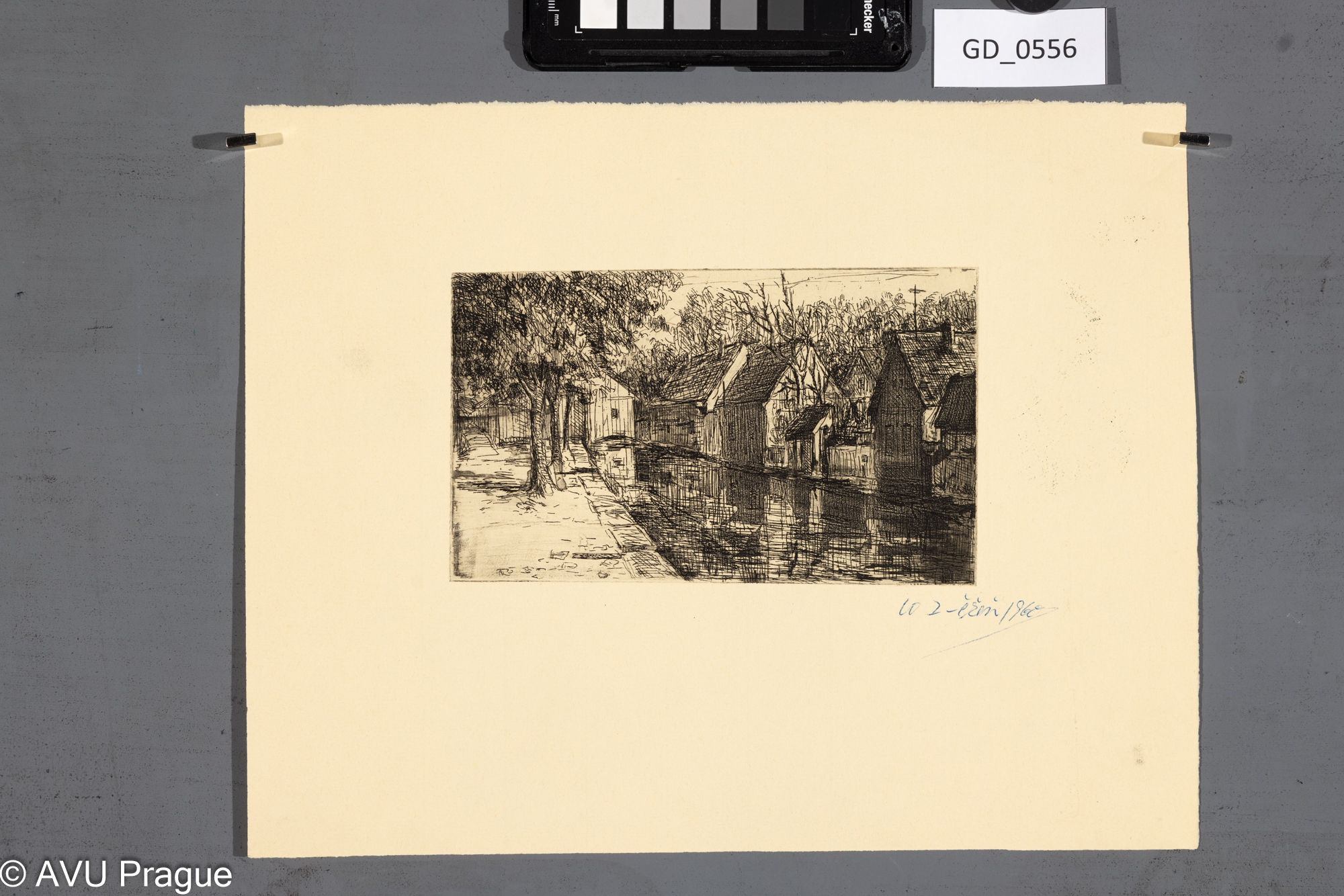 nezjišteno, Řeka s domy, 1960,Lept , 10 x 17, 24,3 x 30,7