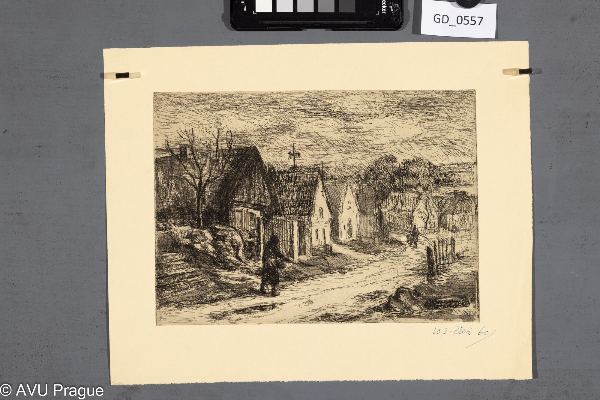 nezjišteno, Vesnice s májkou a dvěma postavami, 1960, Lept,16,8x 23,4, 24,4 x 30,4