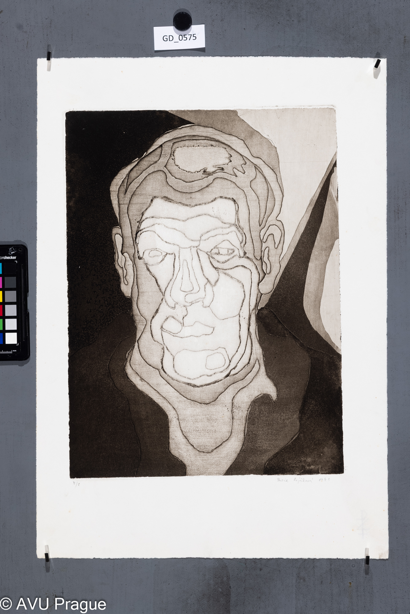 Lucie Reslerová-Rejžková, Hlava muže, 1971, Akvatinta / Rezerváž,39,6 x 29,5 , 53,8 x 37,7, Čepelák