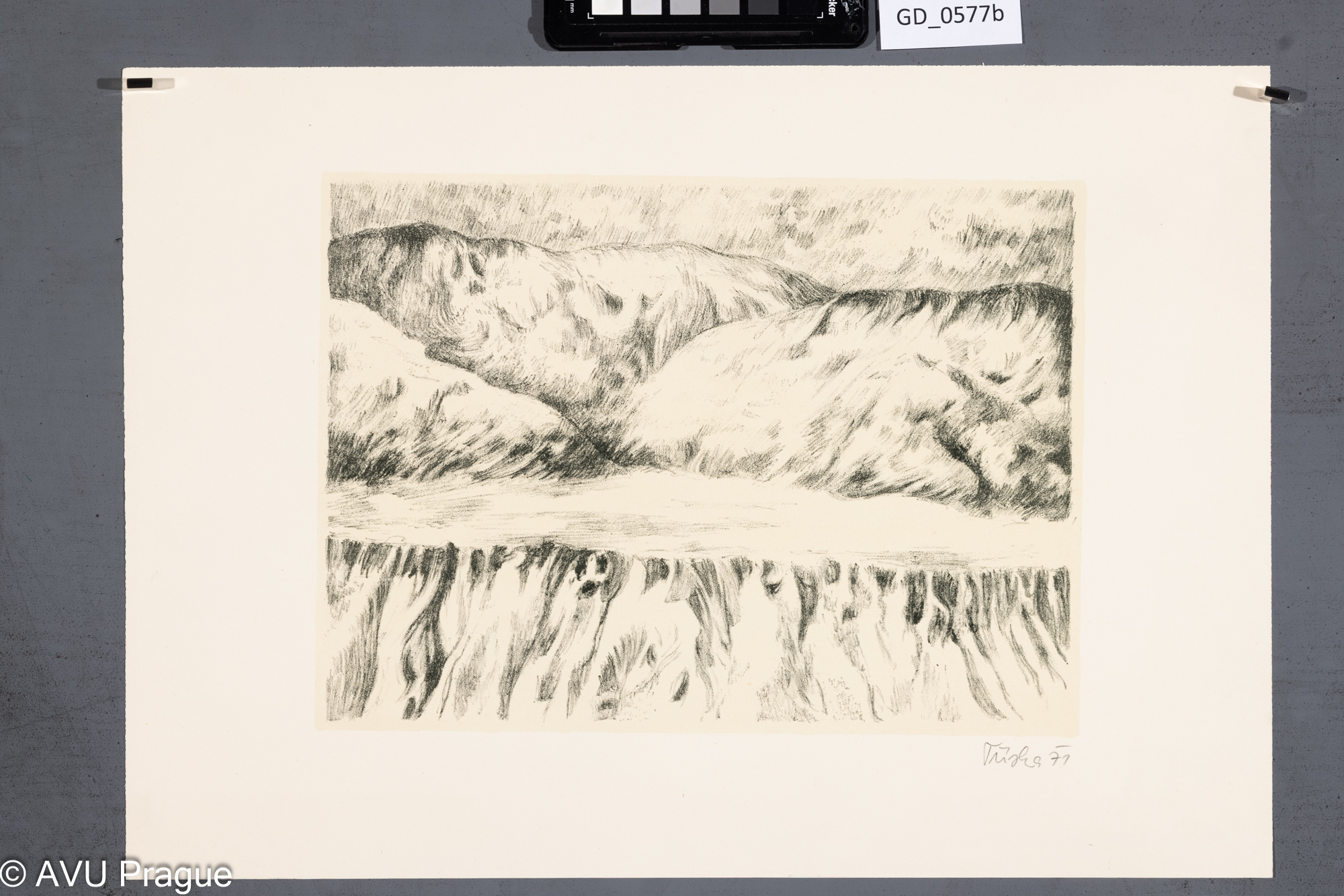 Ivan Tříska, Krajina s pohořím,1971, Litografie - podtisk, 21,5 x 29,5, 31,3 x 44,3, Čepelák