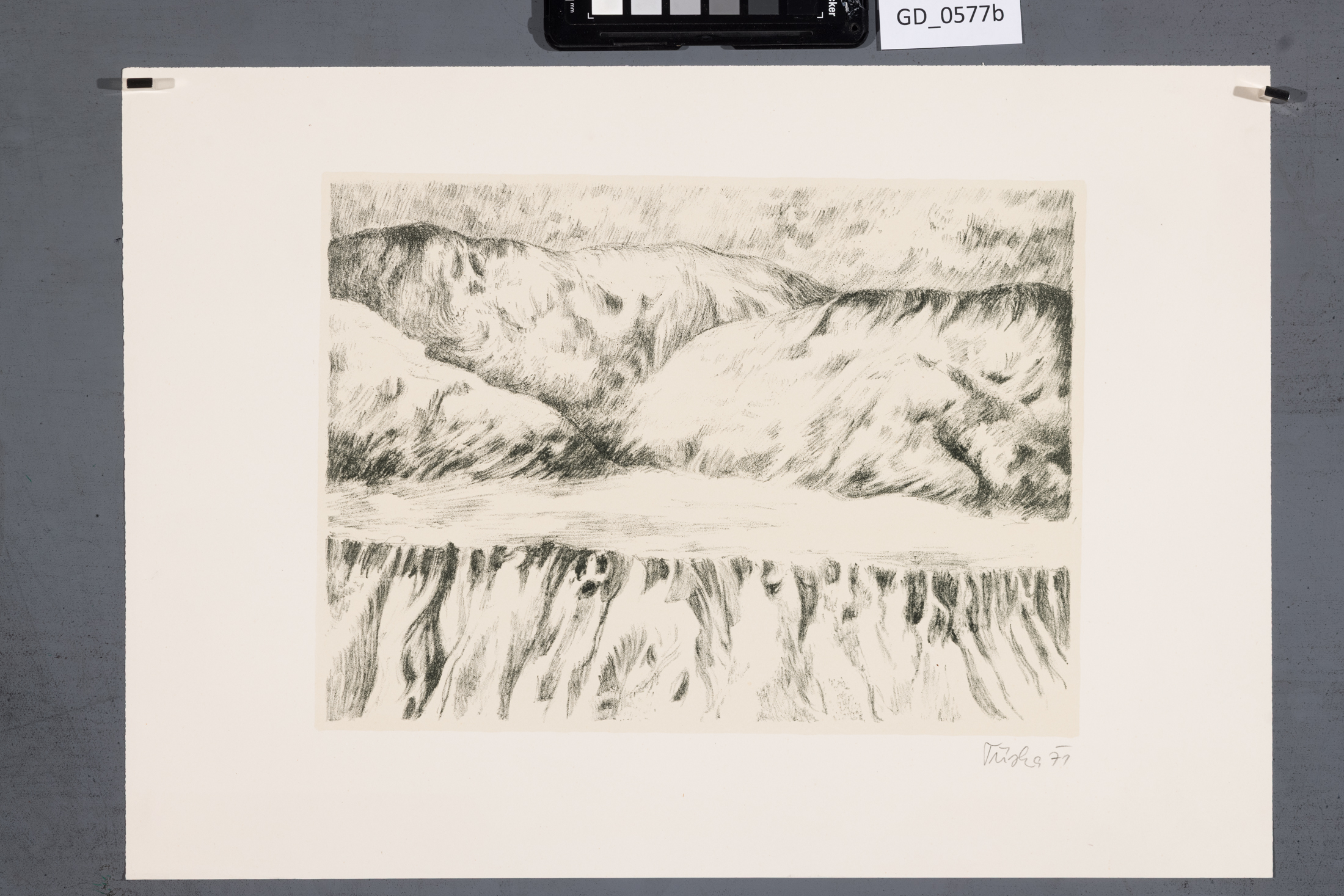 Ivan Tříska, Krajina s pohořím,1971, Litografie - podtisk, 21,5 x 29,5, 31,3 x 44,3, Čepelák