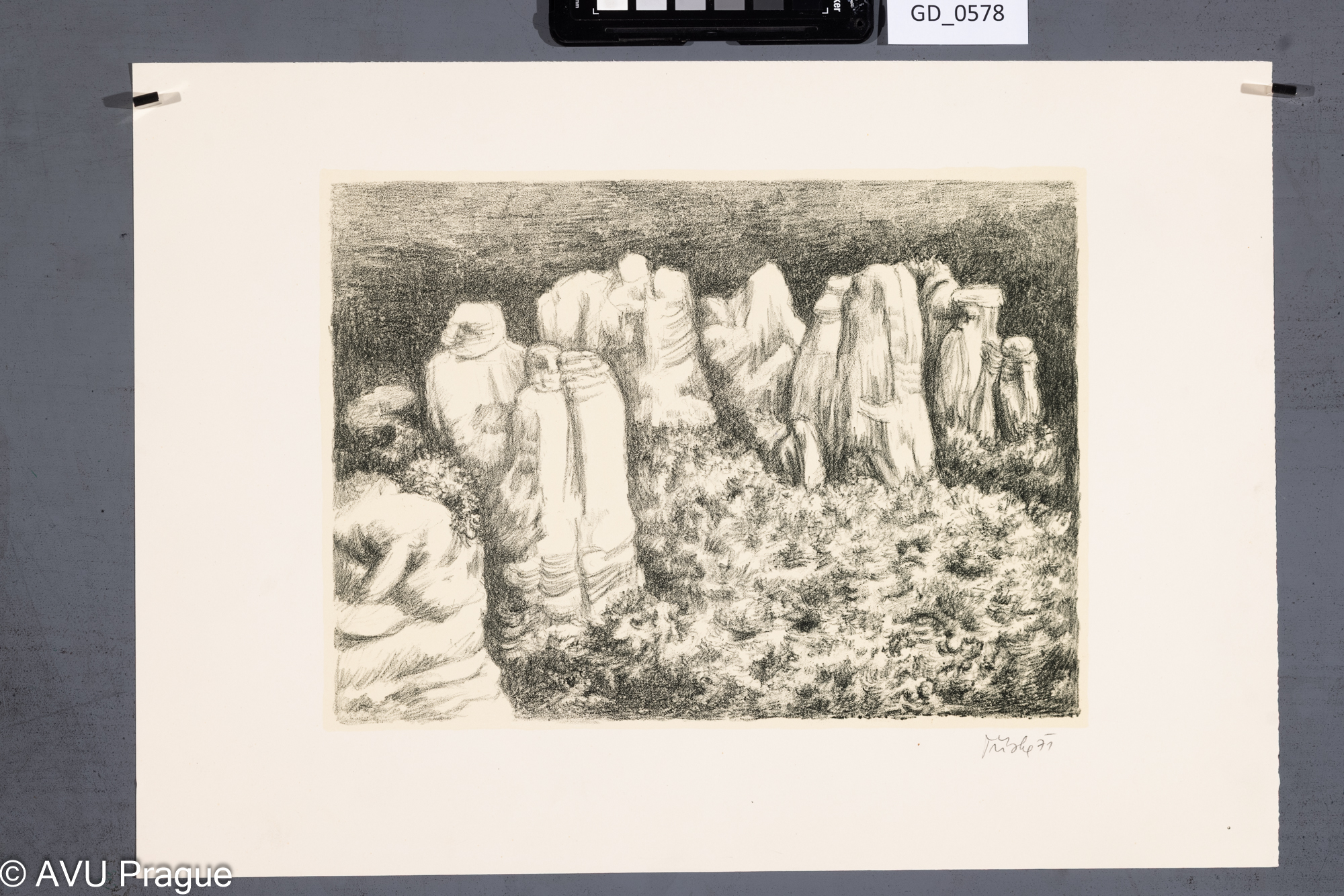 Ivan Tříska, Krajina s pohořím II. - Prachovské skály?, 1971,Litografie - podtisk, 21,7 x 29,5,31,3 x 44.2, Čepelák