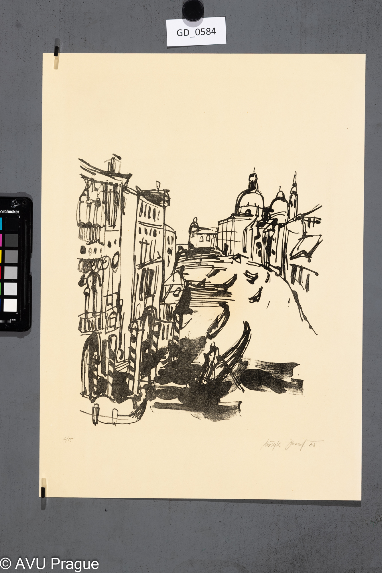 Josef Mžyk, Benátky, 1968,Litografie - tuž, 25 x 23, 41,3 x 29,8, Čepelák