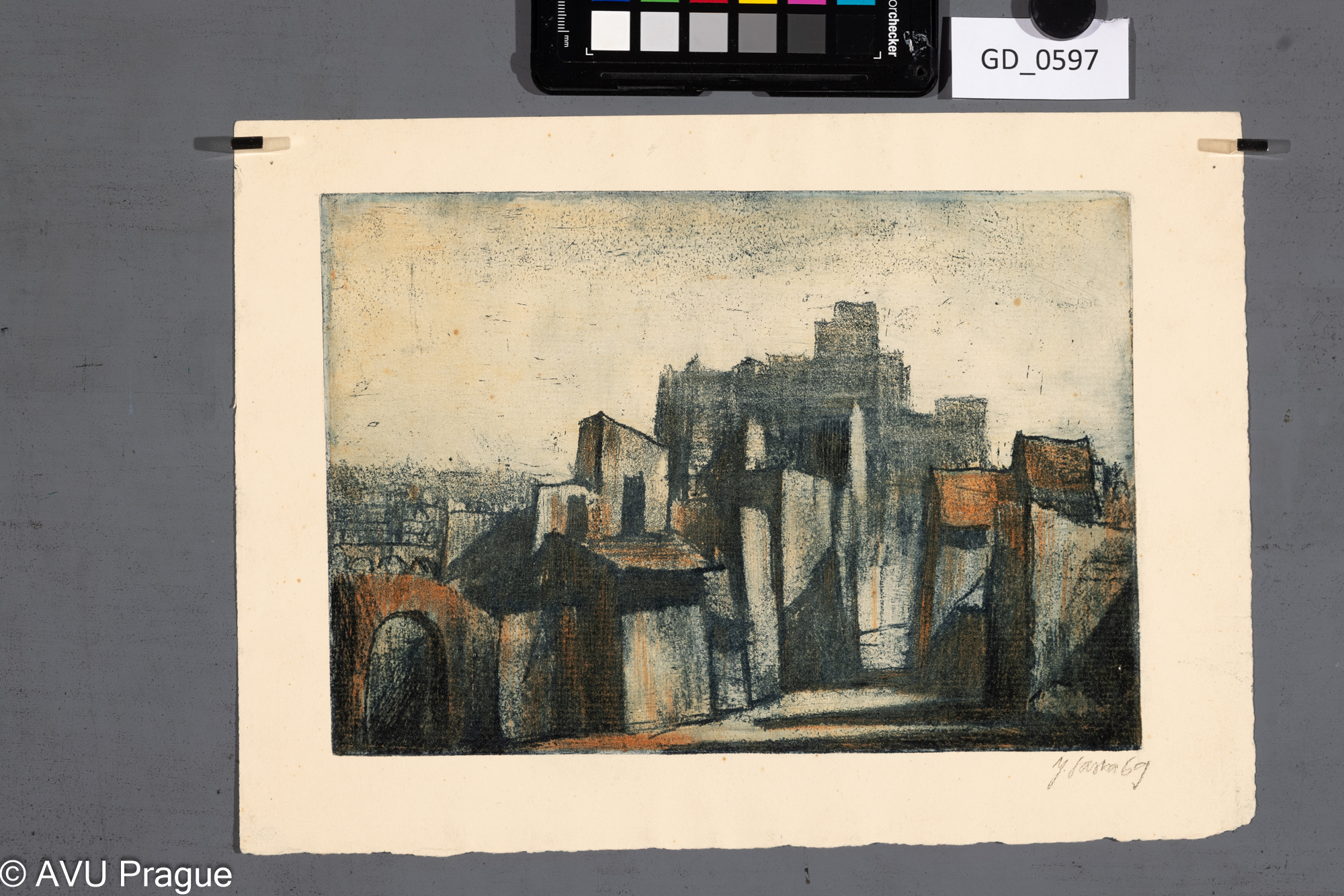 Josef Saska, Město, 1969, Měkký kryt  / akvatinta- 2matrice,17,3 x 24,8, 22,3 x 31,3, Čepelák