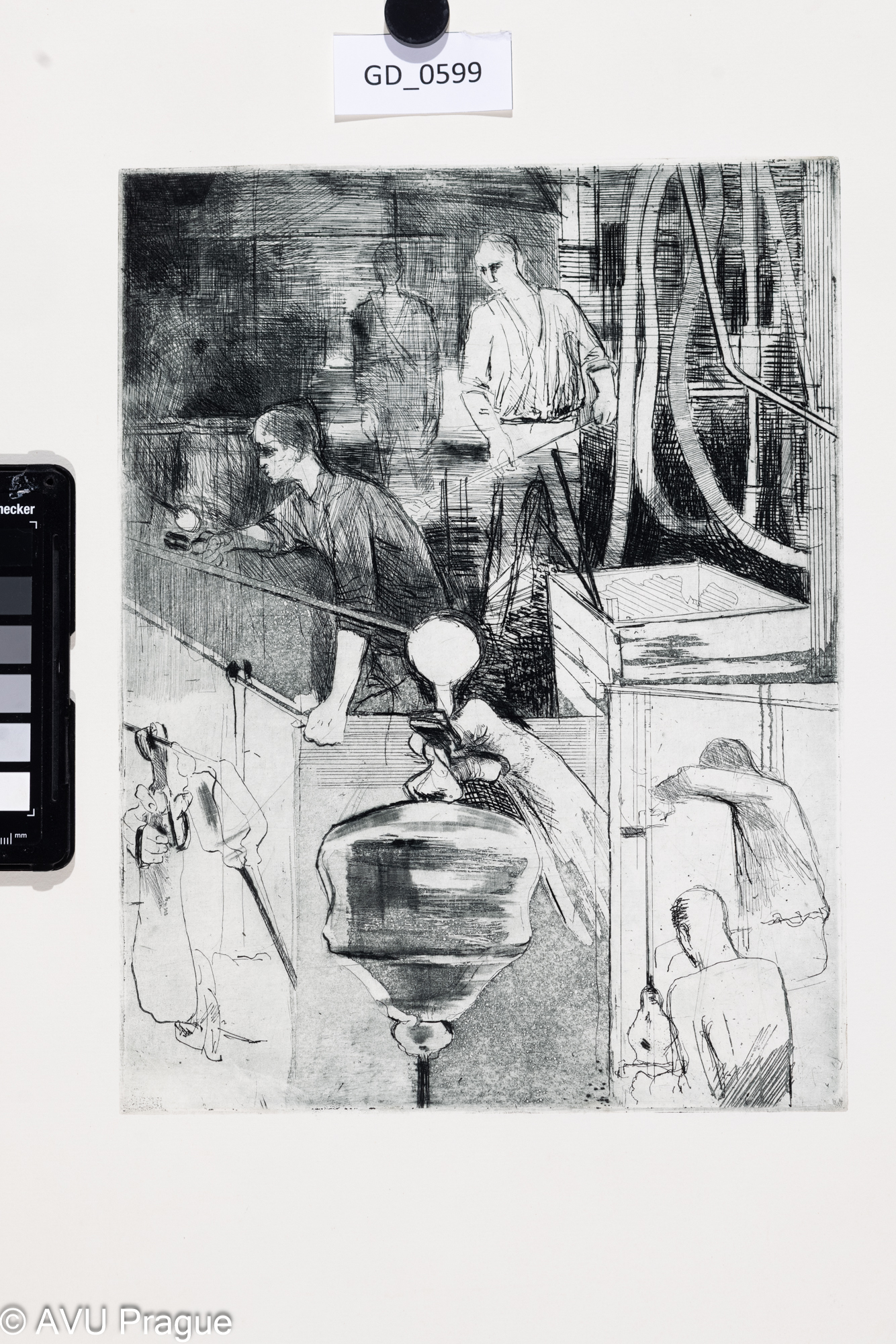 Josef Saska, Ve sklárně II.,Lept / akvatinta, 29,2 x 22,2, 50 x 38,2, Čepelák