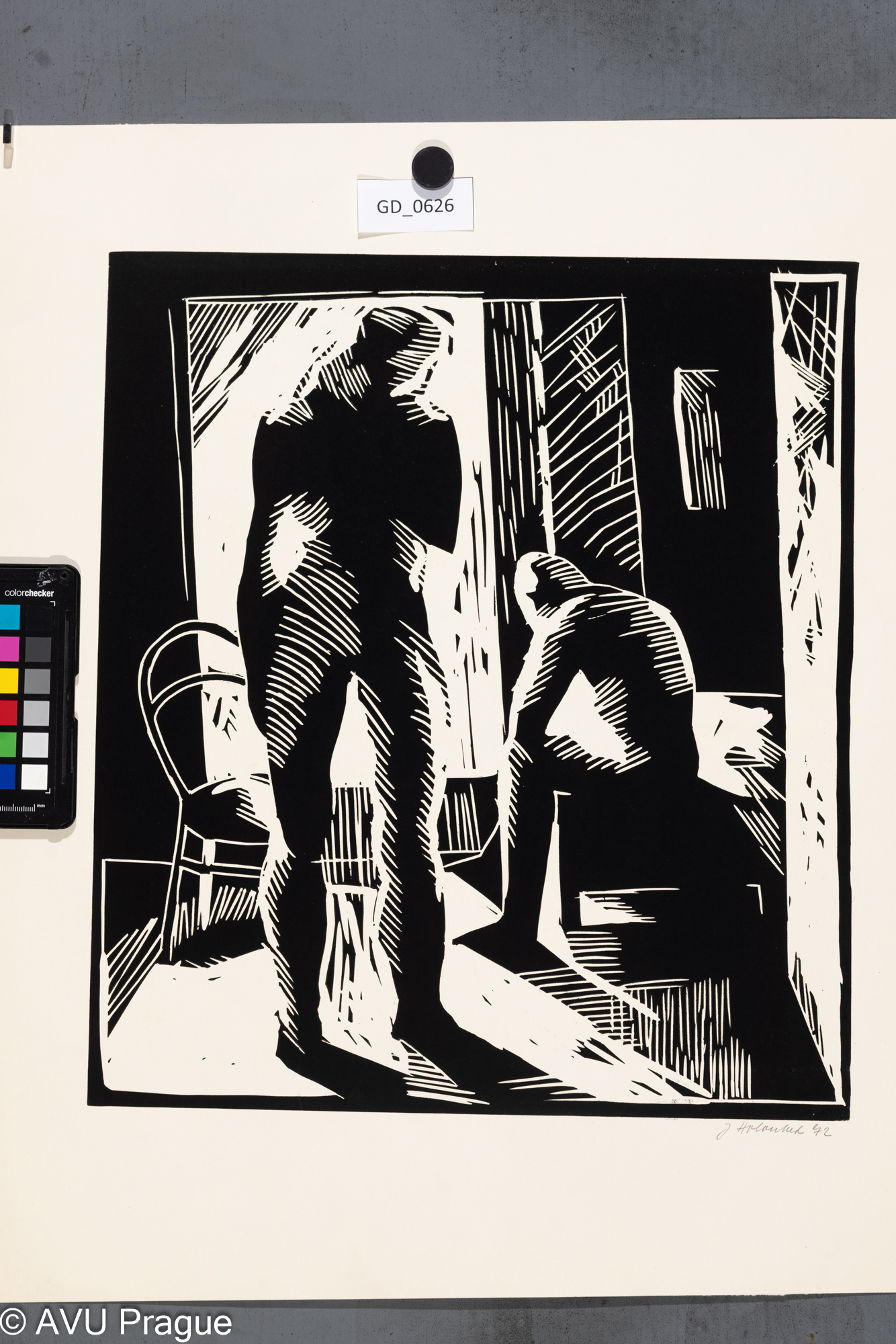 Jan Holoubek, Dvě postavy v interiéru, 1972, Linoryt, 40,5 x 35,6, 55,2 x 48,5, Čepelák