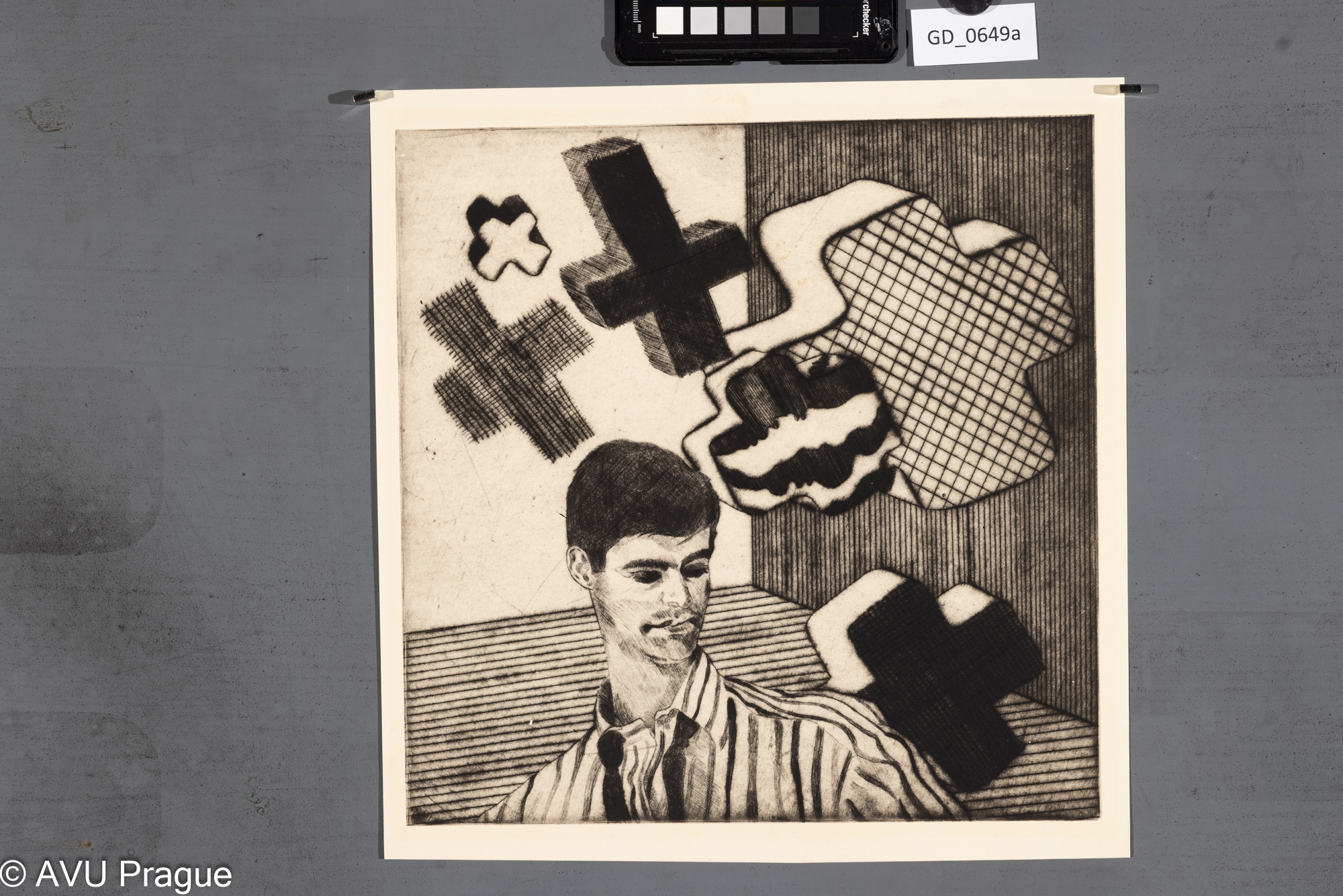 Bohdan Jelínek?, Mužská figura a abstraktní motivy křížků,Suchá jehla, 30,9 x 30,6, 34,5 x 33,Čepelák