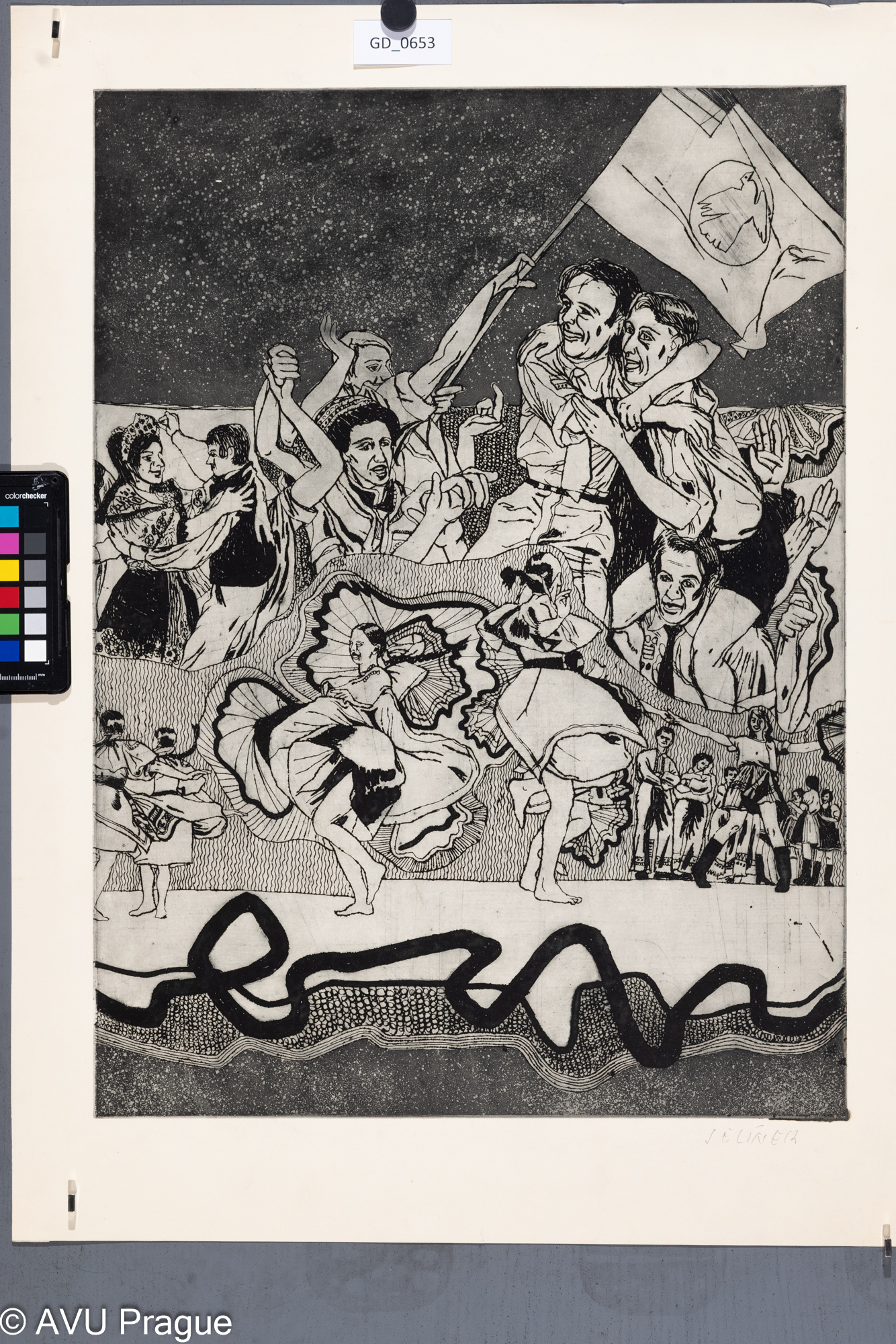 Bohdan Jelínek, Mezinárodní sjezd mládeže III., Lept / akvatinta,57,7 x 42,3, 69,7 x 51,2, Čepelák