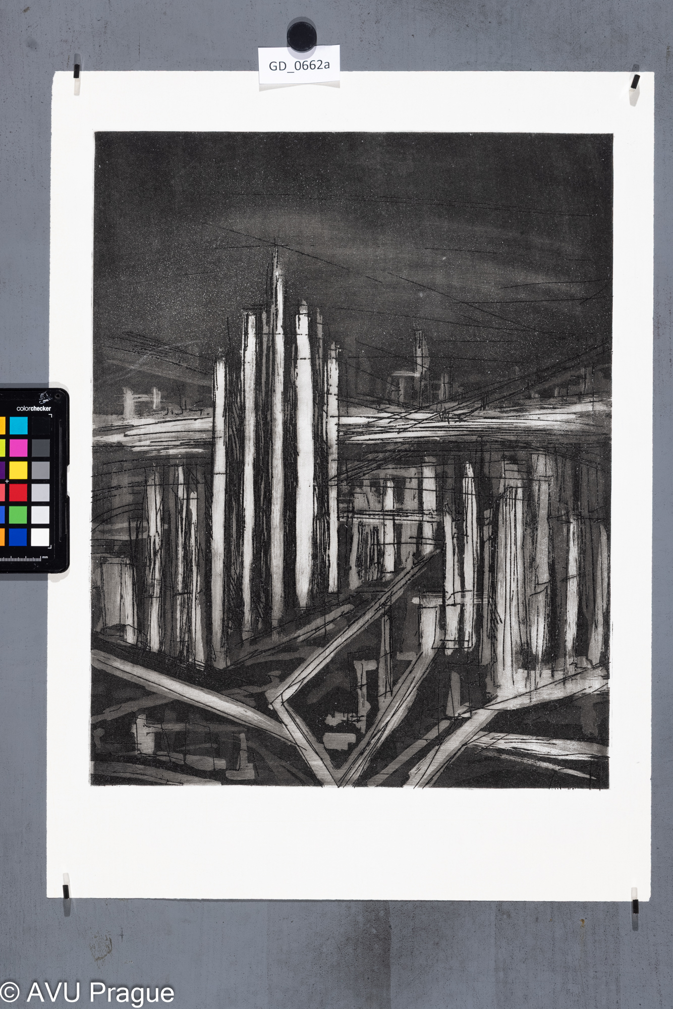 Zuzana Nováčková, Futuristické město, Lept / akvatinta, 44,3 x 35,55,8 x 40,4, Čepelák