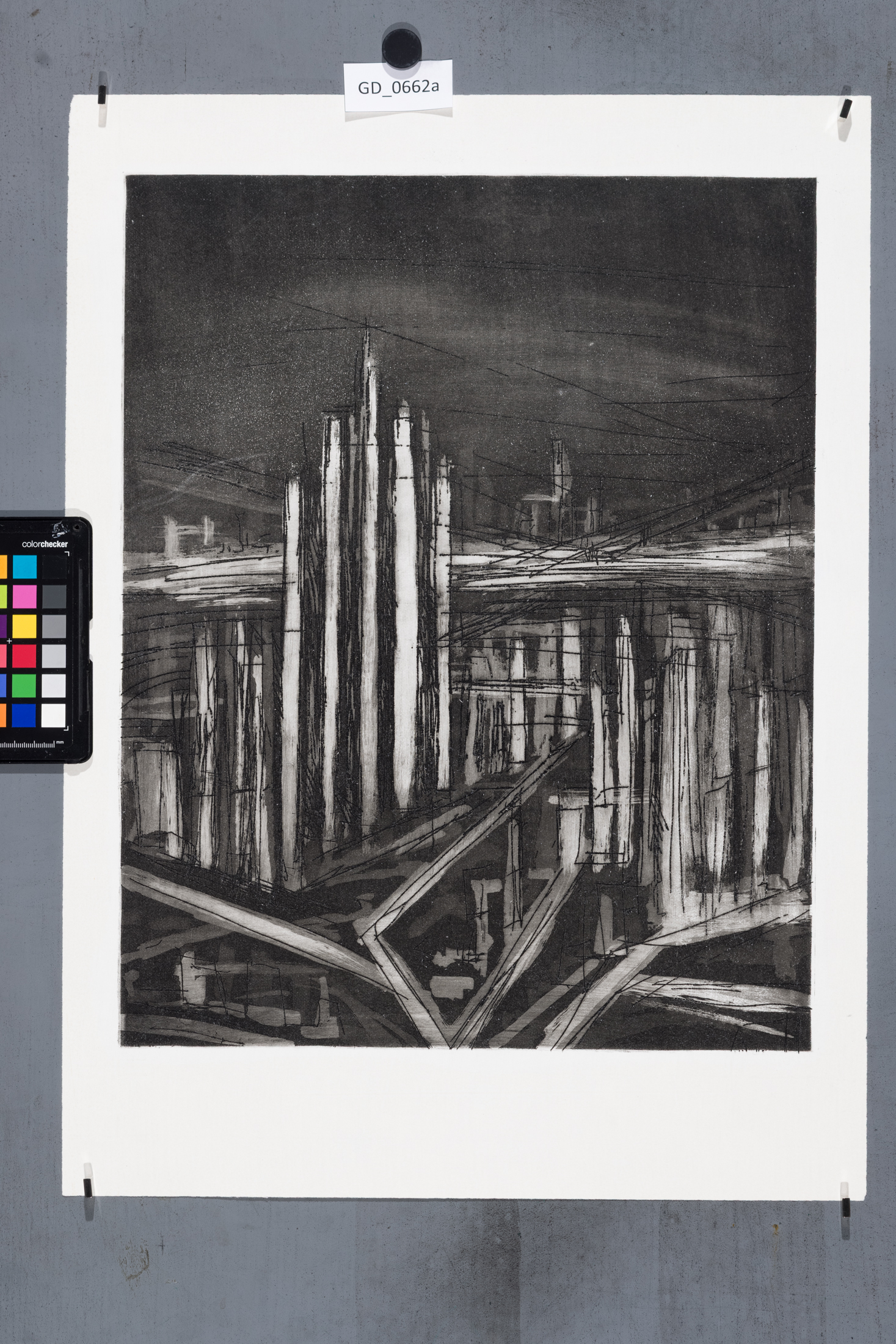 Zuzana Nováčková, Futuristické město, Lept / akvatinta, 44,3 x 35,55,8 x 40,4, Čepelák