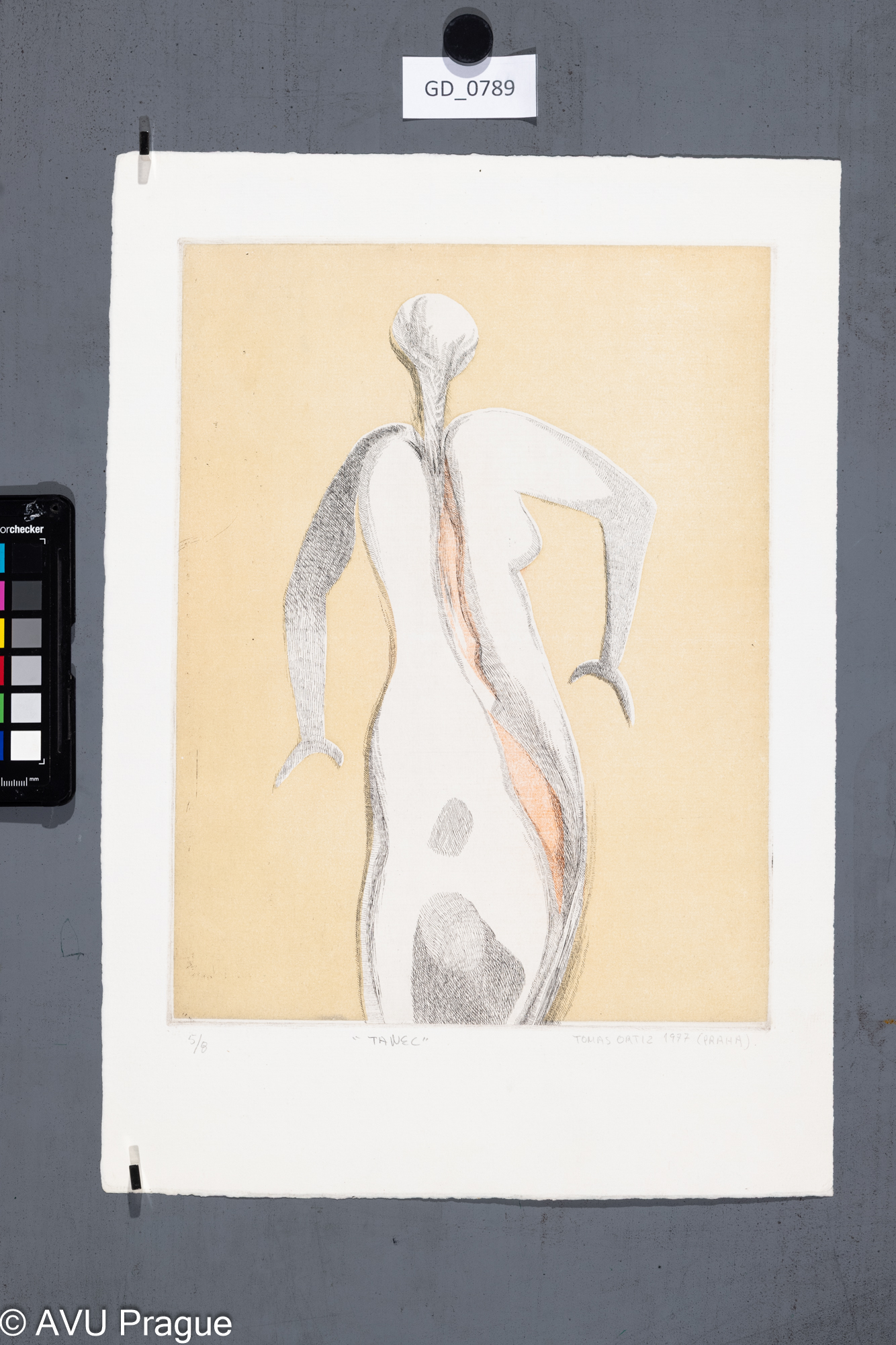 Tomas Ortiz, Tanec, 1977, Lept / akvatinta, tři barvy, 31,2 x 24,2,    42 x 29,5, 
Čepelák (zahraniční stážista)