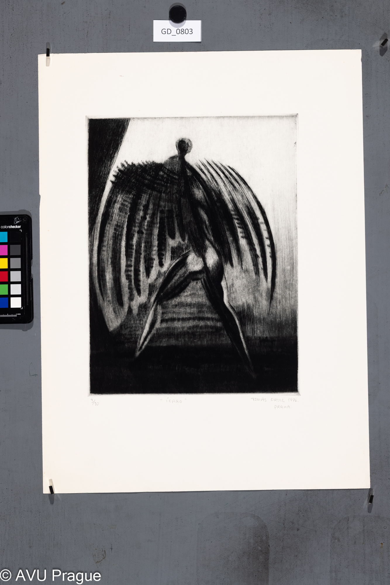 Tomas Ortiz, Ikaros,1976, Suchá jehla, 32,2 x 24,4, 50,4 x 37,5, Čepelák (zahraniční stážista)