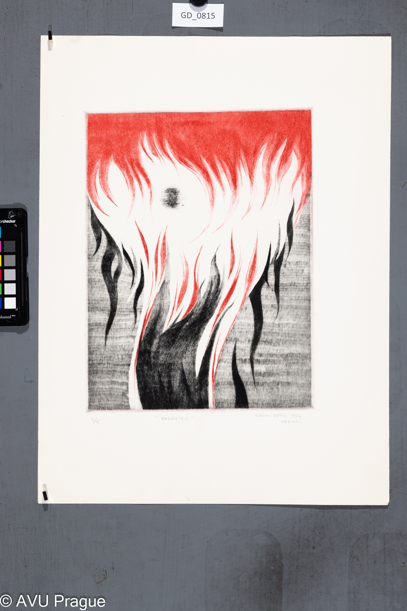 Tomas Ortiz, Prometeus, 1976, Suchá jehla, dvě barvy, 32,3 x 24,5,50 x 37,3,
Čepelák (zahraniční stážista)