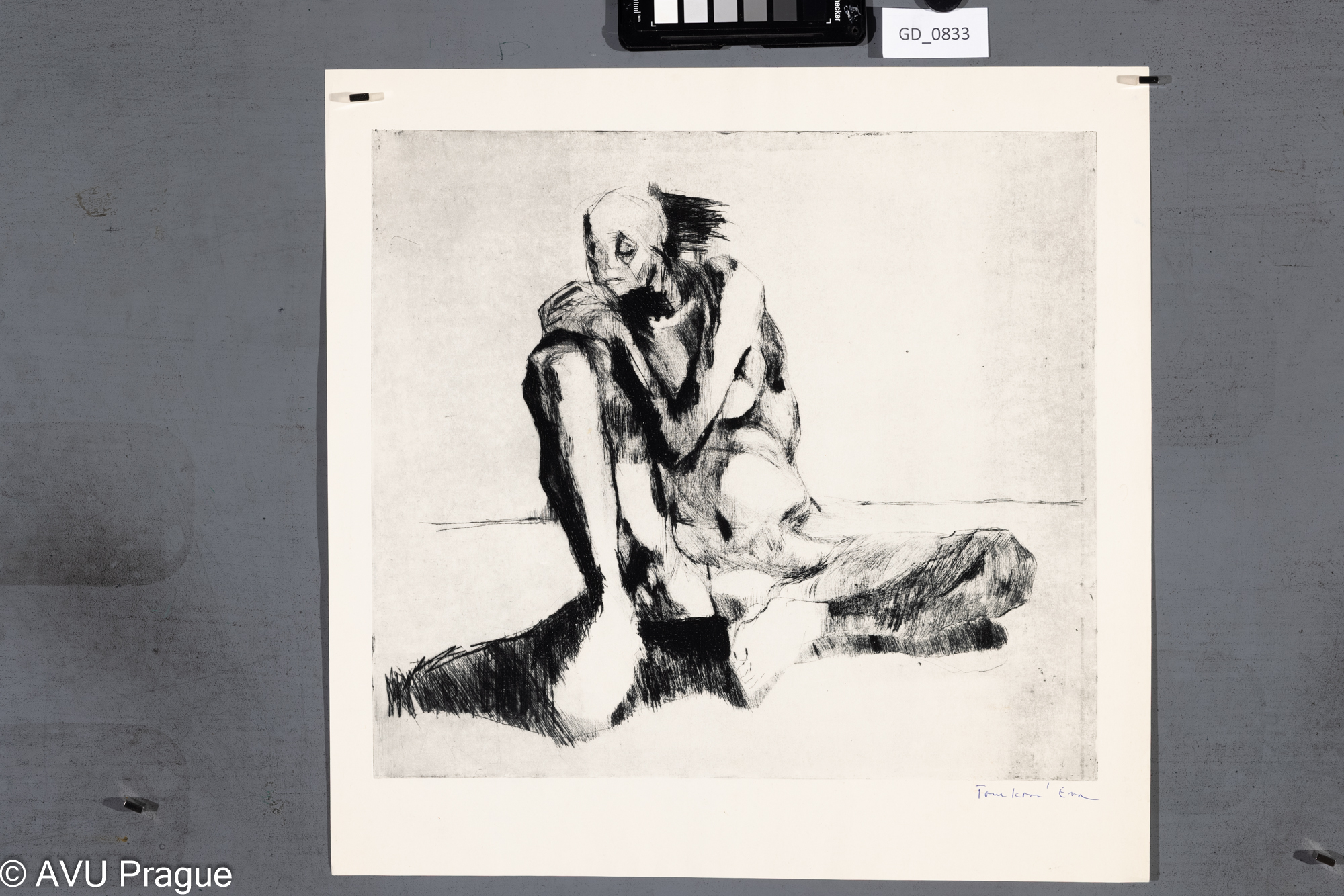 Eva Tomková, Sedící postava, 70. léta, Suchá jehla, 33 x 36,7, 41,5 x 41,6, Jiroudek