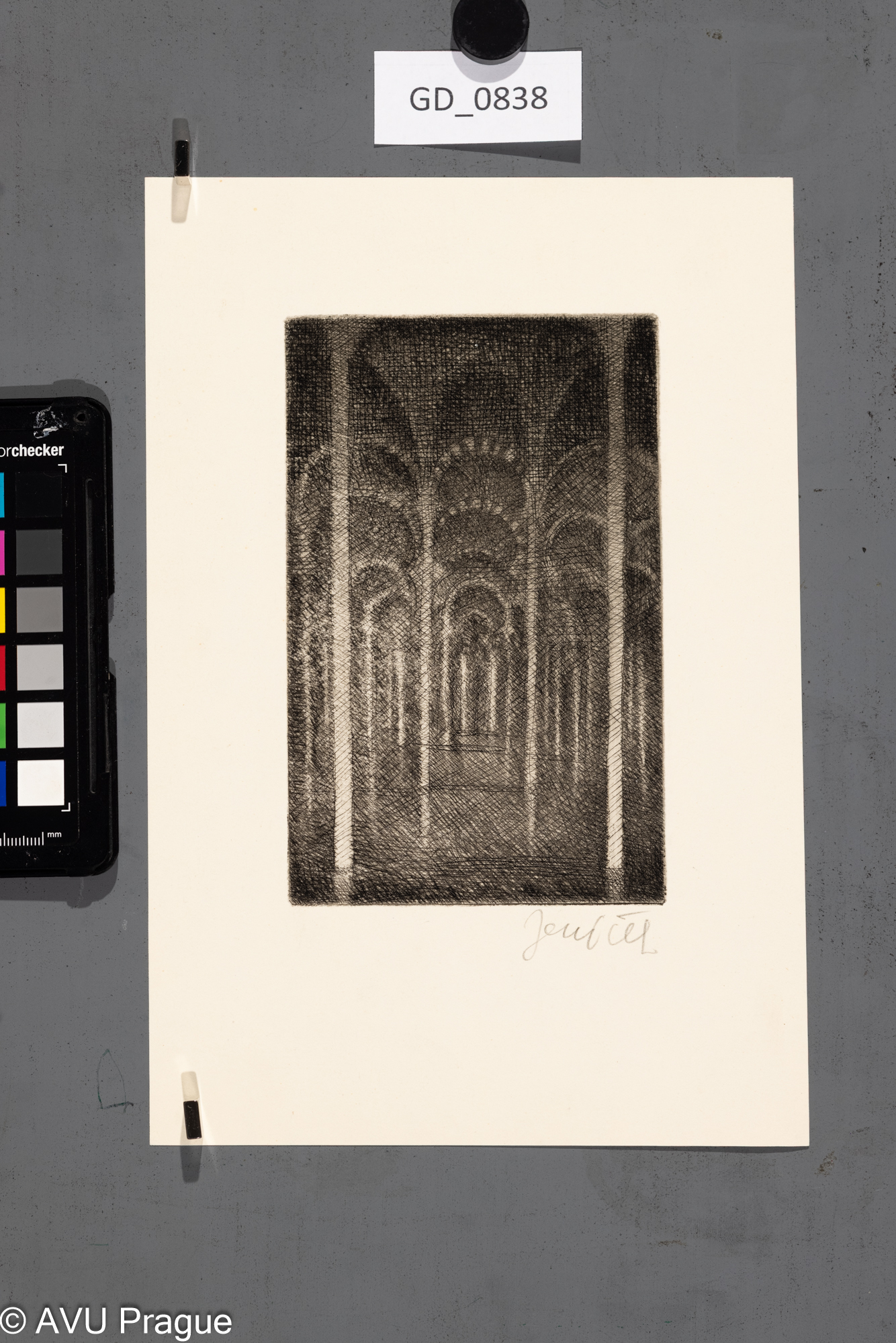 Antonín Jeníček, Sloupová síň I., 60.léta, Lept, 15,5 x 9,8, 25,5 x 17,2,Cubr