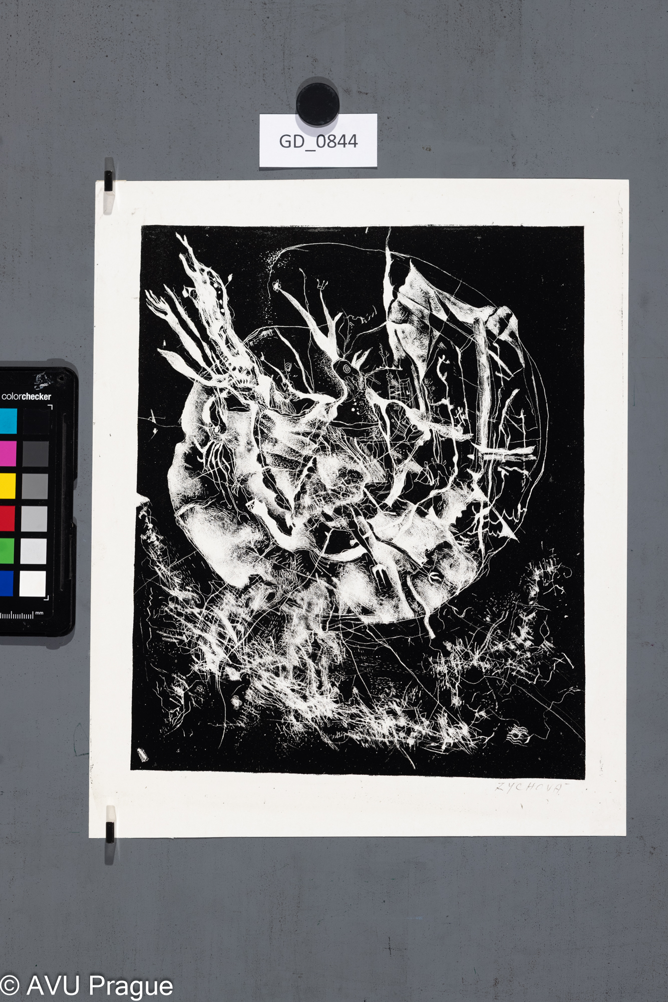 Miroslava Zychová, Kompozice, 60.léta, Škrábaná litografie, 25,4 x 21, 30,6 x 24,8, Souček