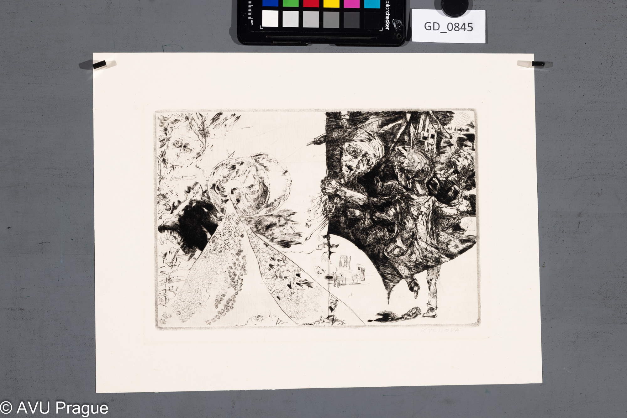 Miroslava Zychová, V půdě nad dechem, 60.léta, Suchá jehla, 
16,3 x 24,1, 24,5 x 33, Souček