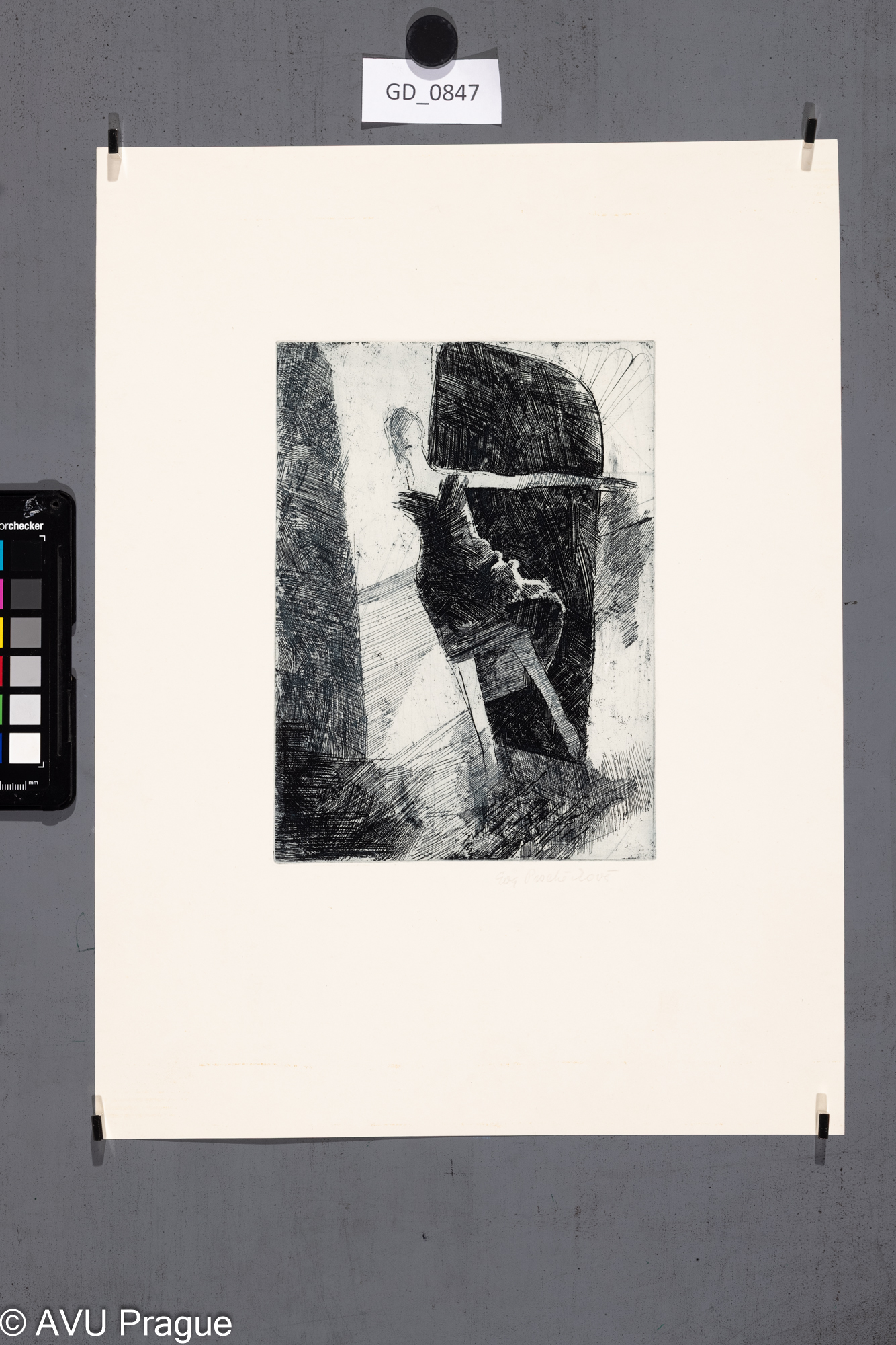 Eva Procházková, Ženská postava s upaženou rukou, okolo 1970, Lept, 20,5 x 14,9, 38,3 x 29,3,Souček