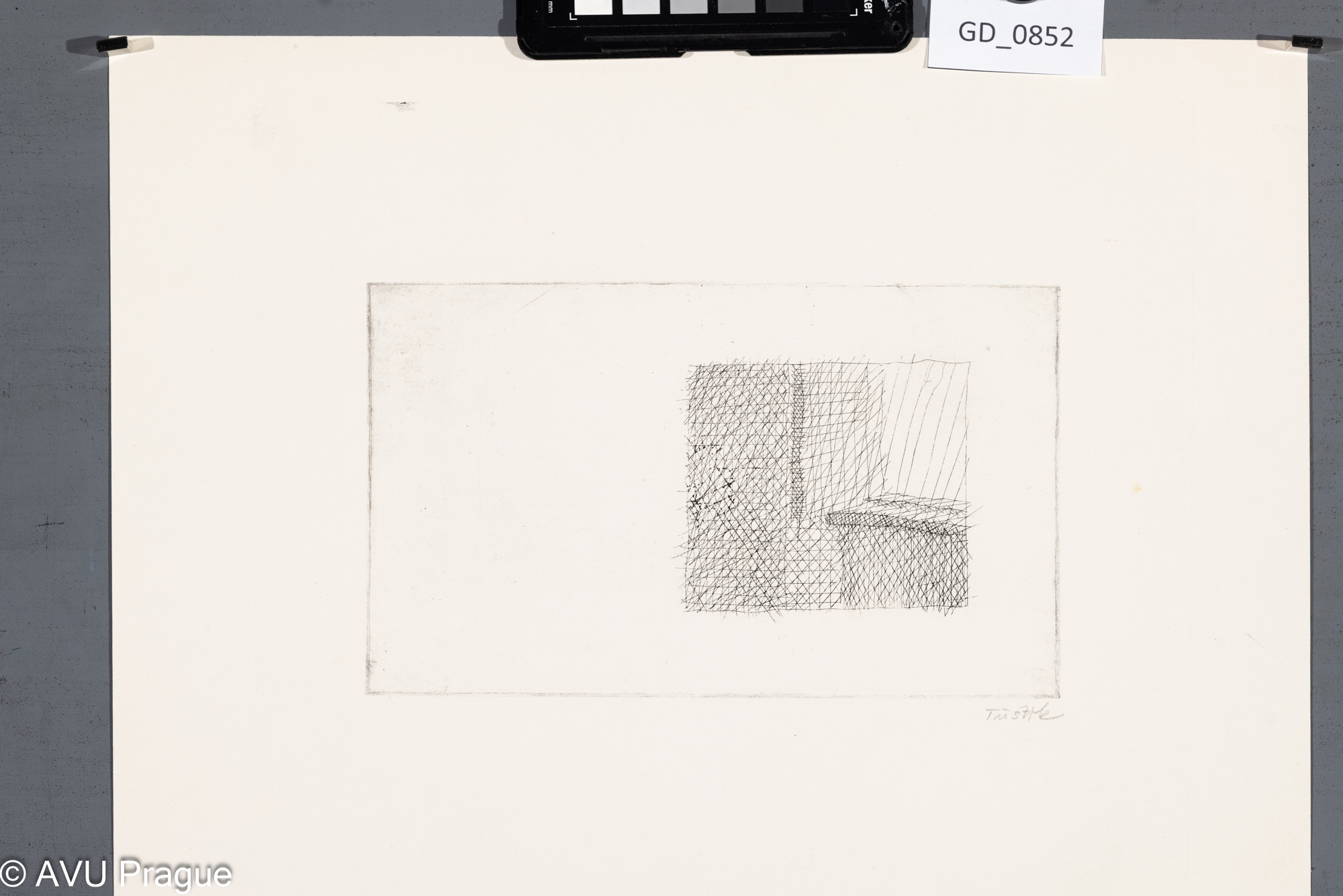 Jiří Třeštík, Prostorová kompozice I., 70. léta, Lept, 13 x 21,7,29,8 x 37,6, Ondráček