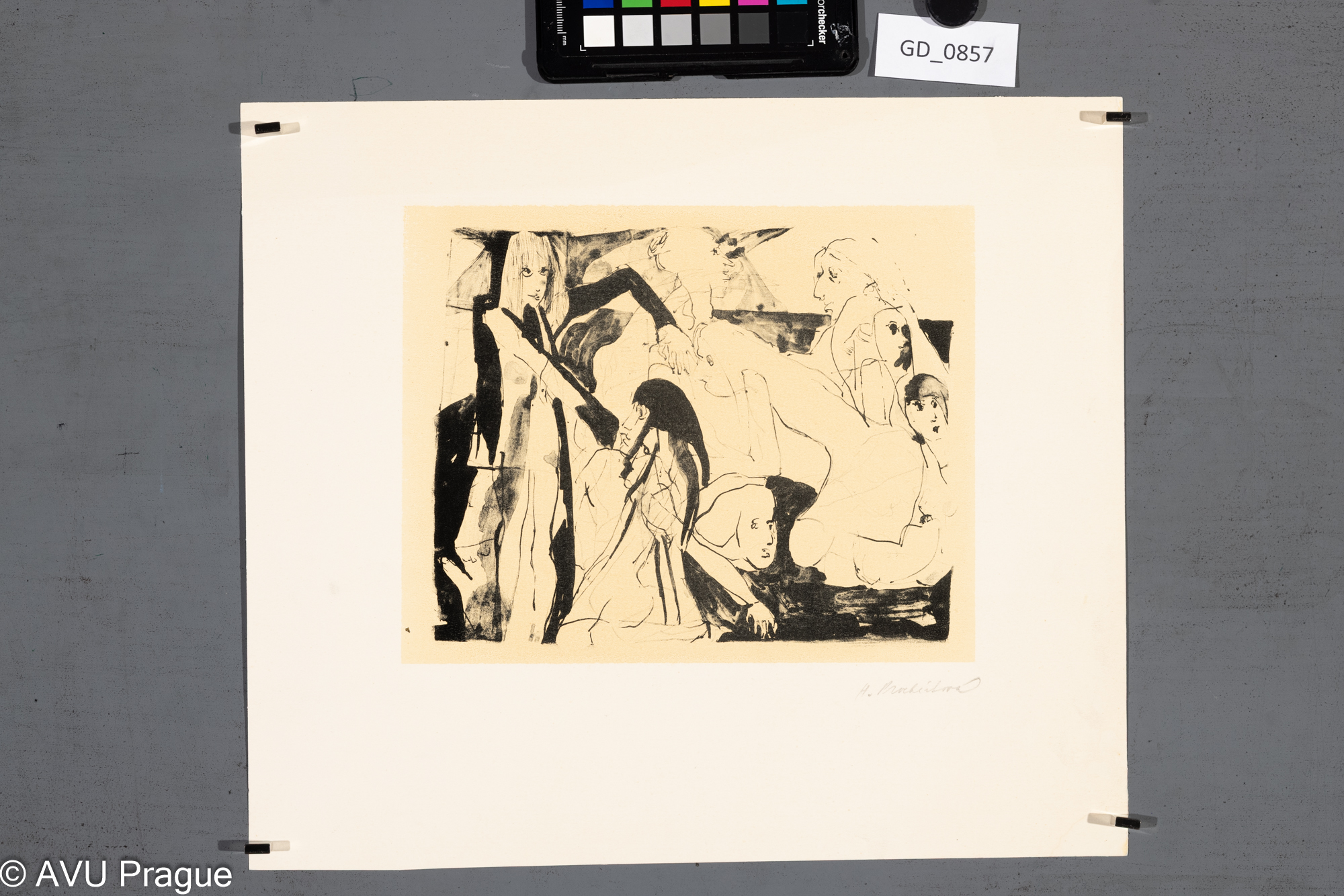 Hana Procházková, Figurální kompozice se šesti postavami,70.léta, Litografie, podtisk, 17,3 x 22,3, 29,5 x 34, Fišárek