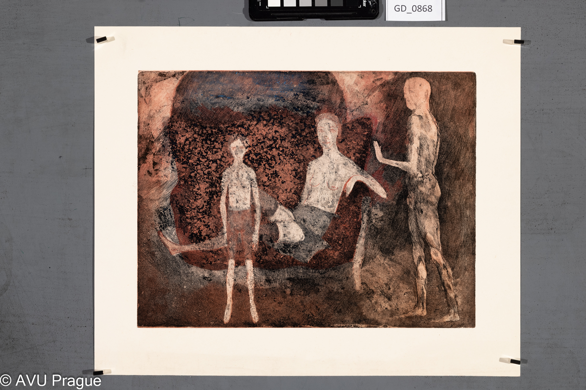 Neurčeno, Figurální kompozice - trojice, Lept / akvatinta - barevná, dvě matrice,           
 24,6 x 32,5, 33,6 x 40,8,