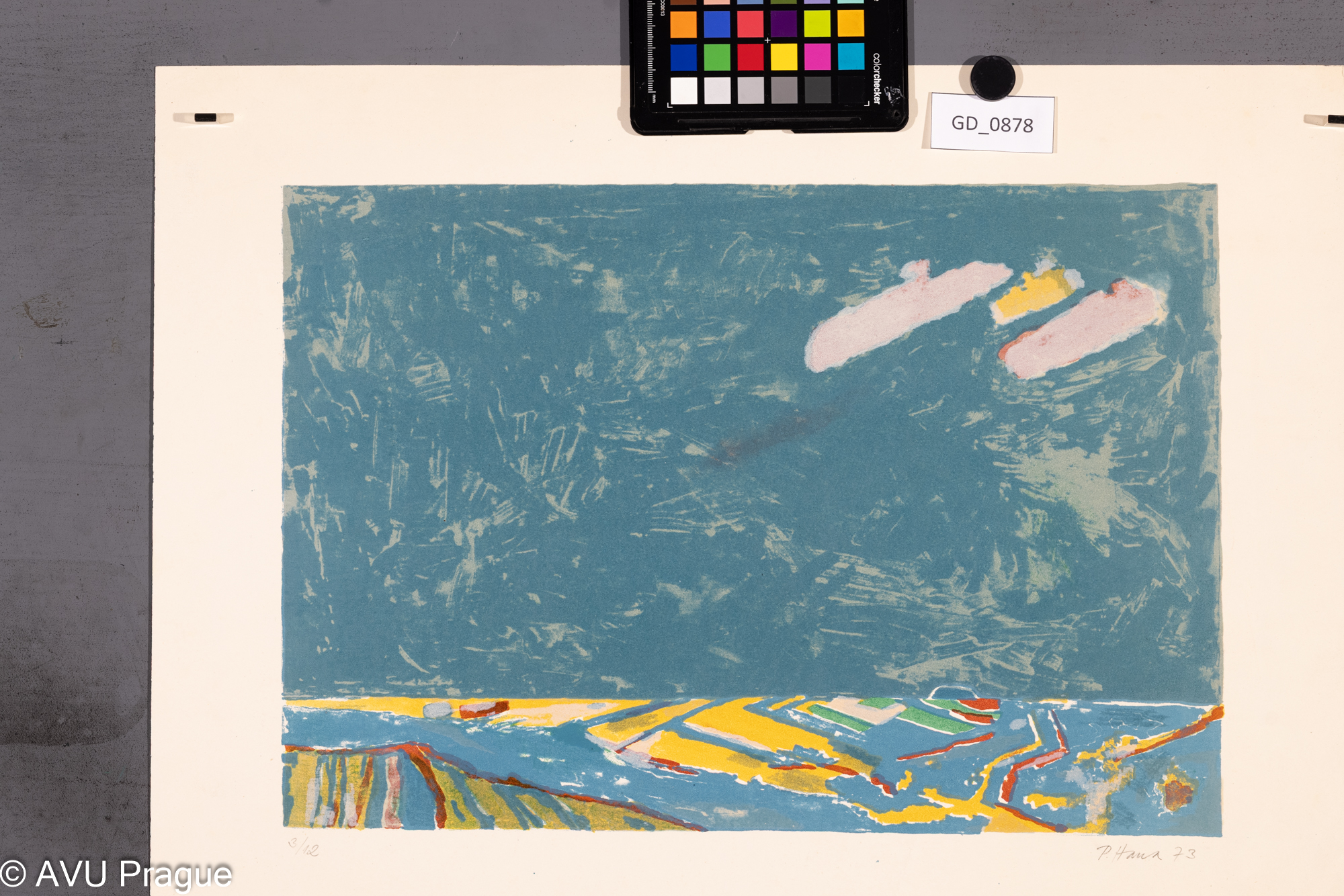 Petr HanaKrajina s oblohou1973Litografie - čtyři barvy28,9 x 4241,5 x 53,5 Souček