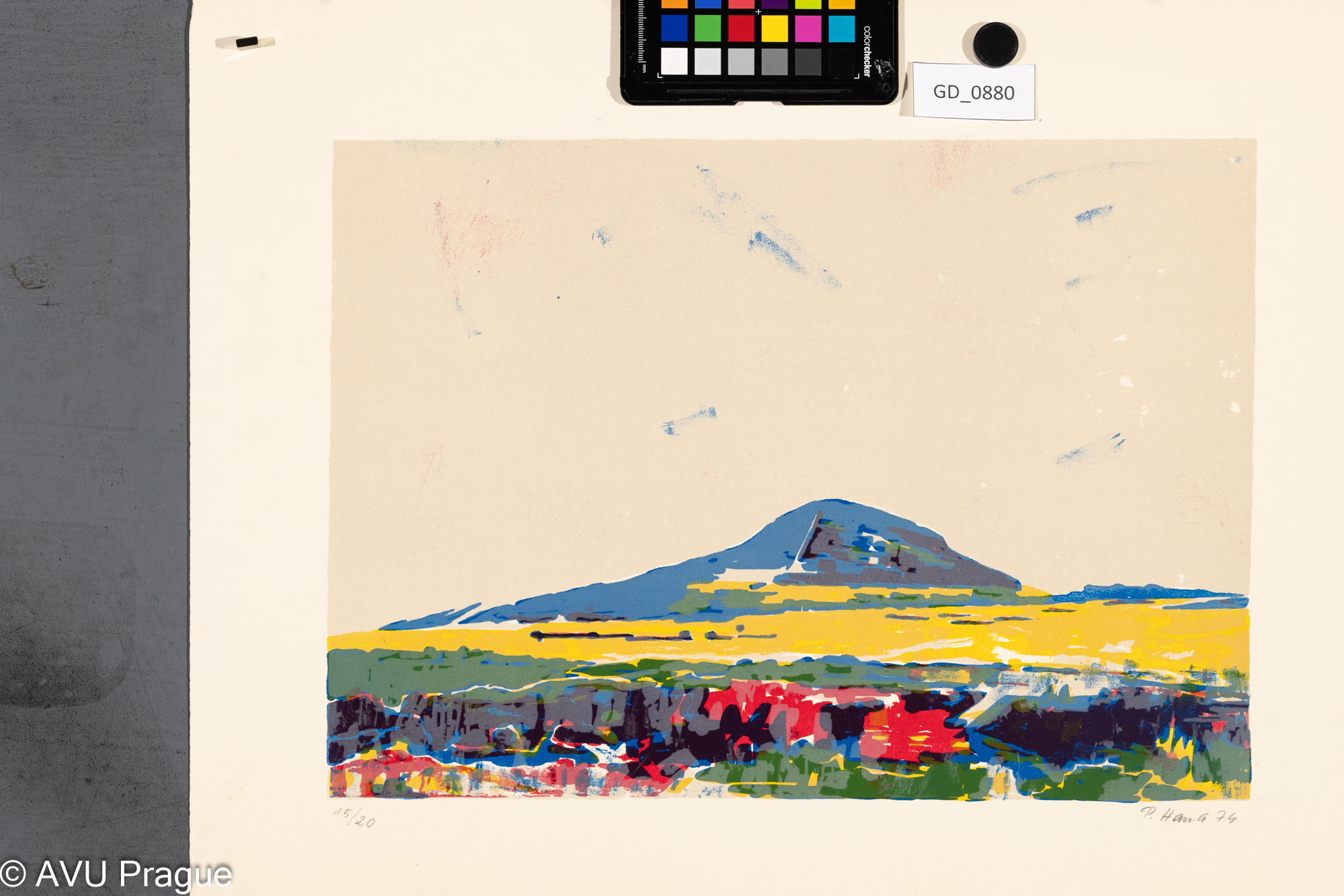 Petr Hana, Krajina s horou - Říp, 1974Litografie - čtyři barvy, 29,6 x 41,3, 43,7 x 53,5, Souček