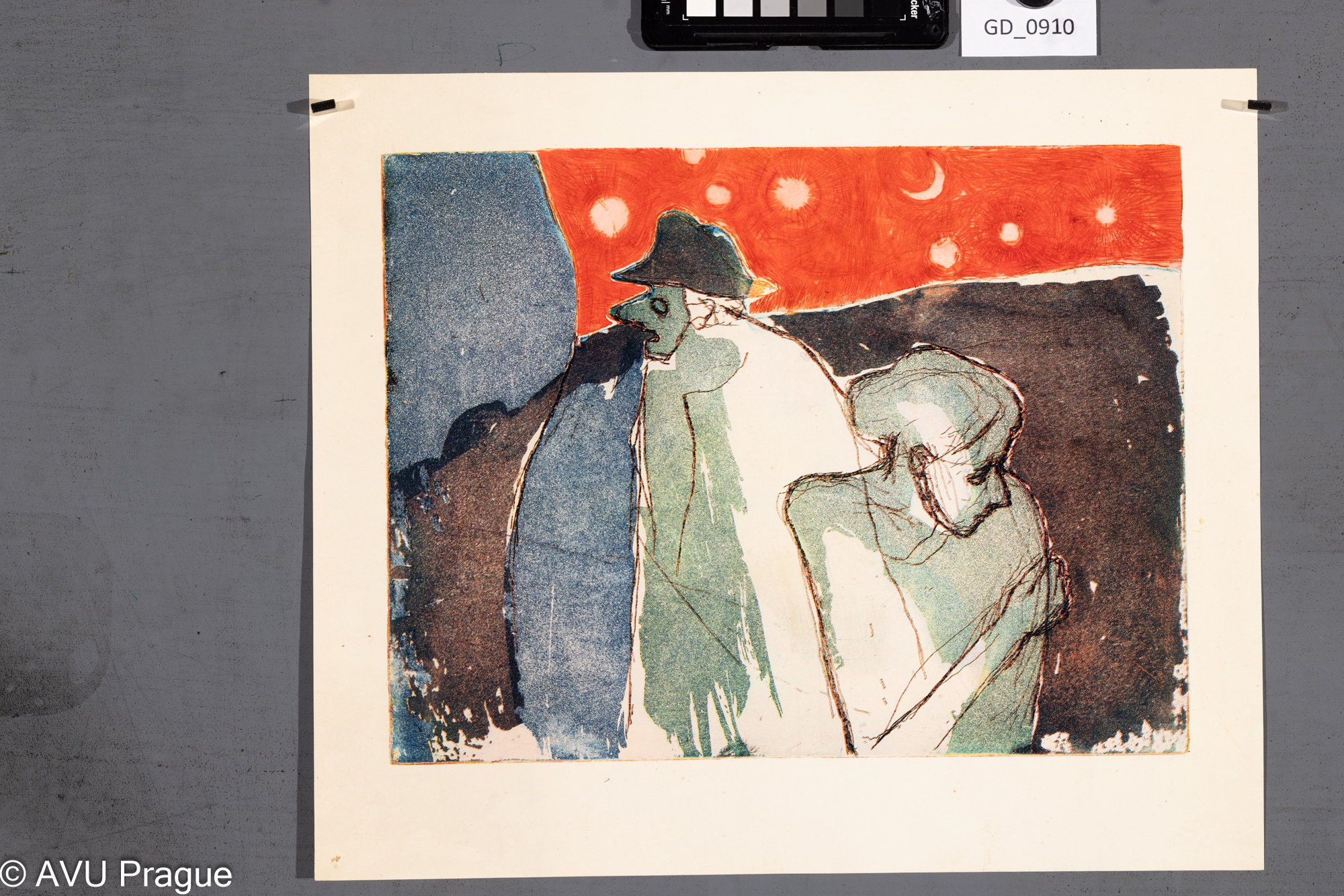 Petr Kouba? , žena a muž s červenou oblohou,Lept / akvatinta - tři barvy - matrice, 24,9 x 32,5, 32,6 x 38,5, Čepelák