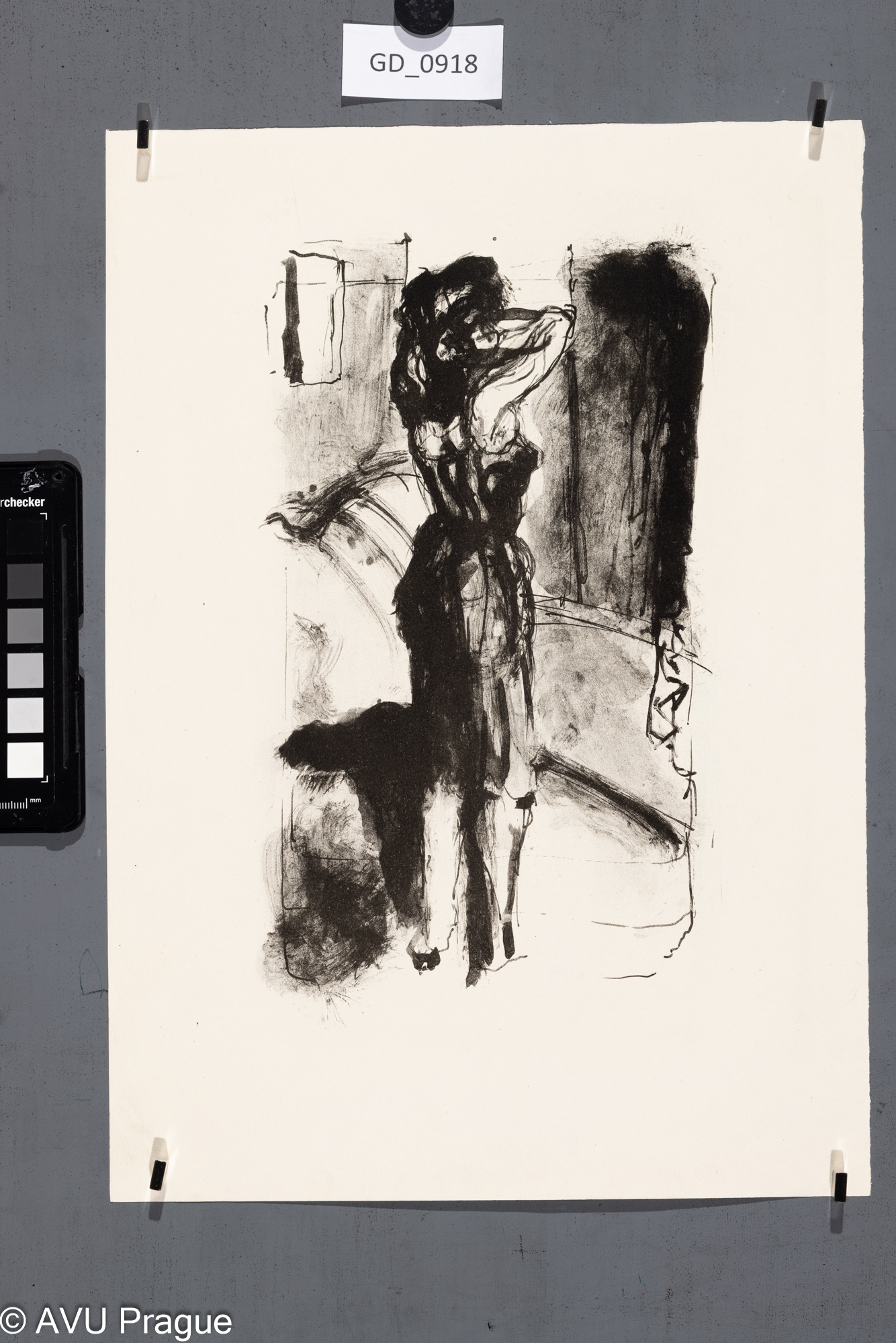 nezjištěno, Stojící ženská figura zezadu, Litografie - tuž, 25,5 x 15, 36,2 x 25,4