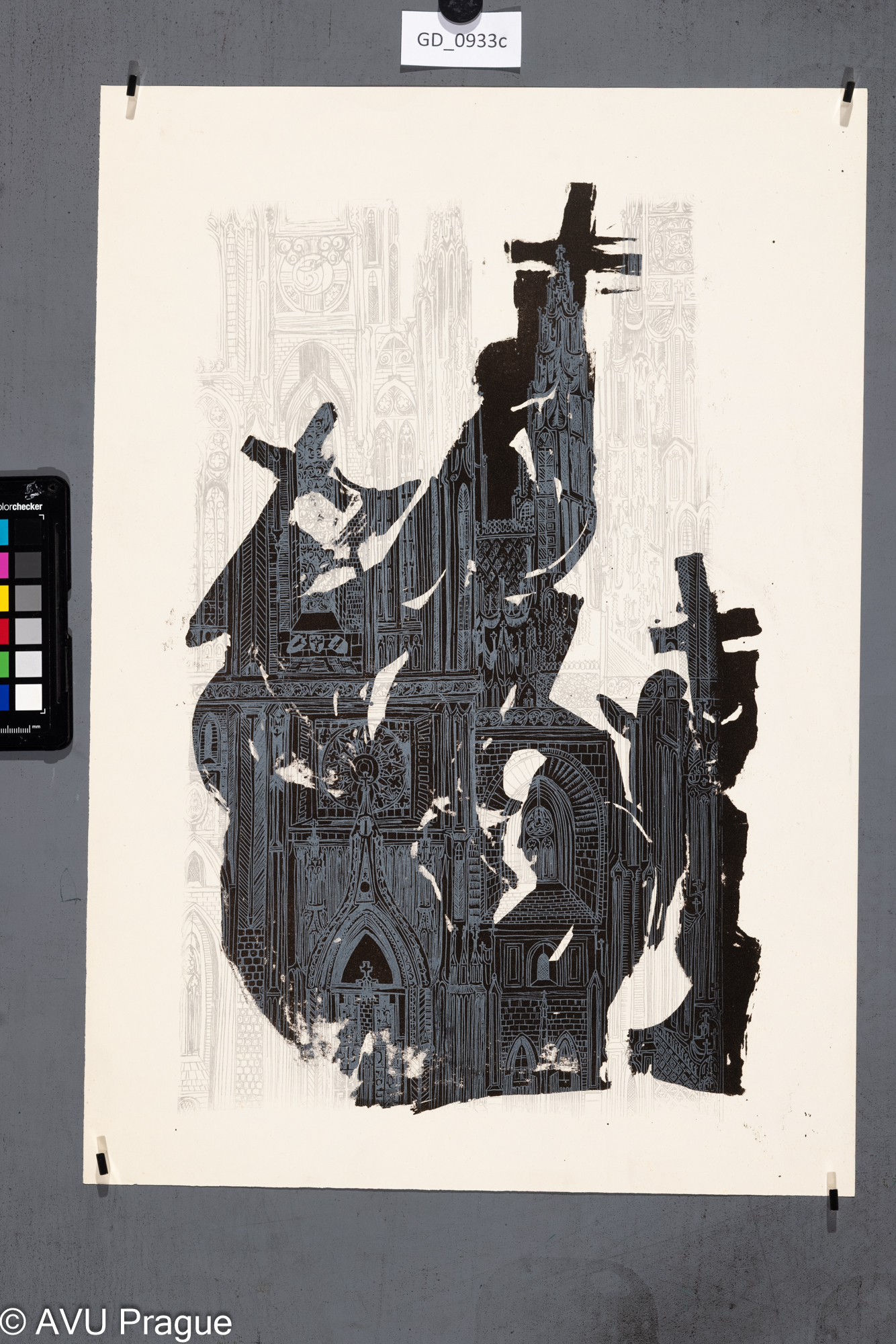 nezjištěno, Gotický chrám,Litografie - dvě barvy, 45 x 25,7, 50,2 x 34,8