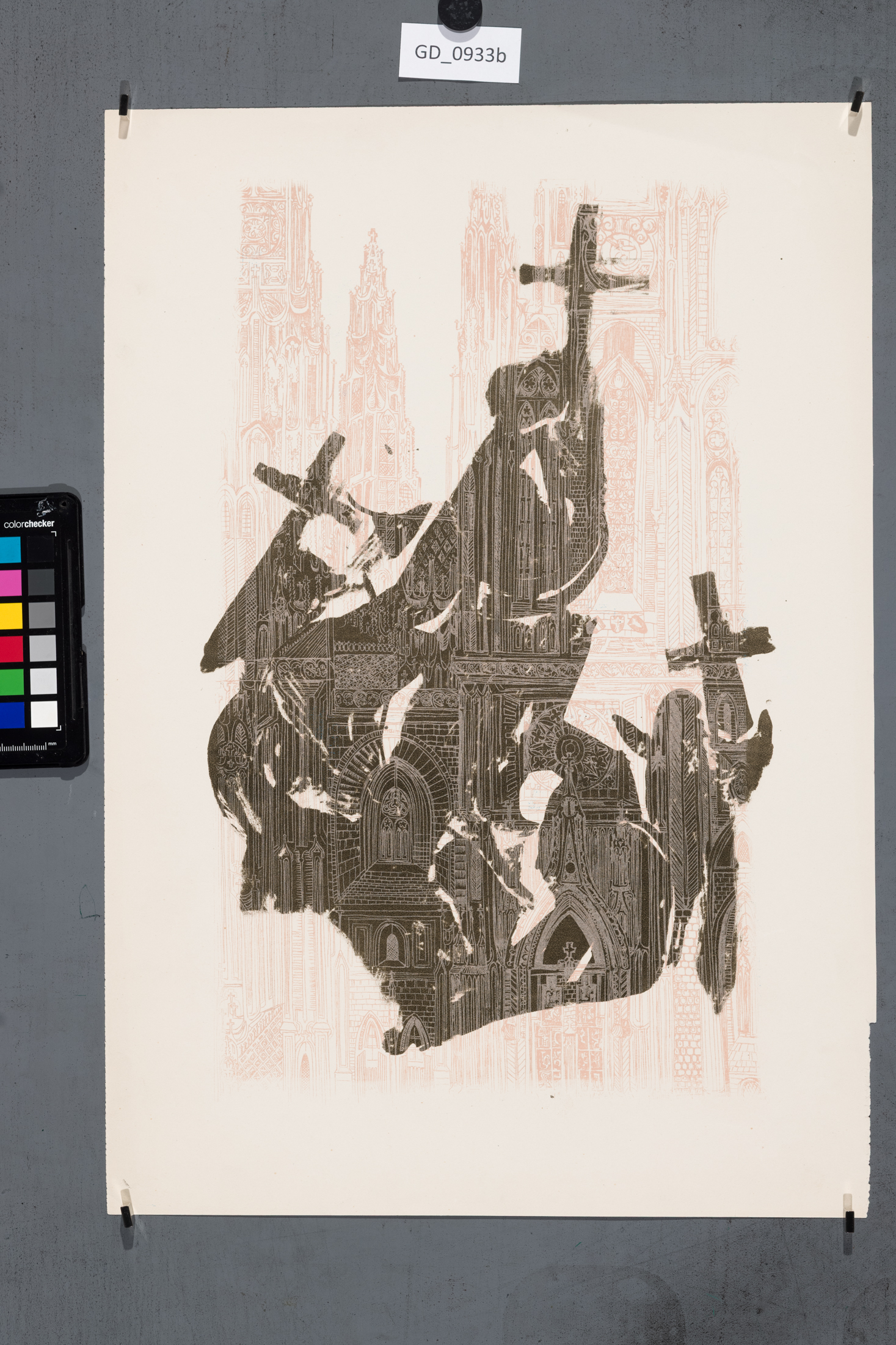 nezjištěno, Gotický chrám,Litografie - dvě barvy, 45 x 25,7, 50,5 x 34,5