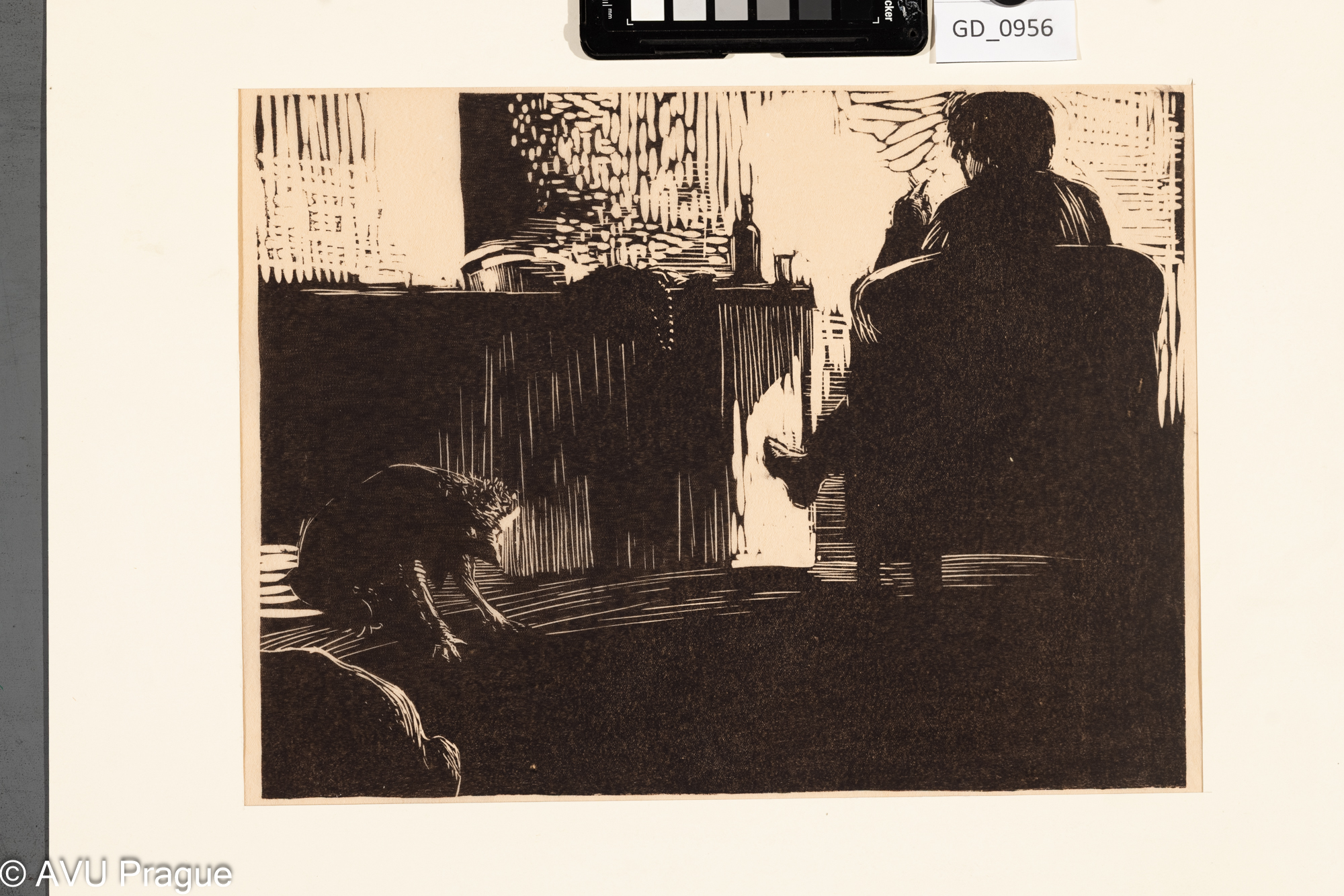 nezjištěno, Ilustrace - v pokoji - krysa?, Linoryt, 25 x 33,2, 37,2 x 48,4