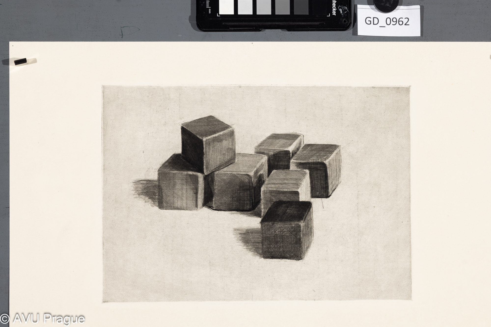 nezjištěno, Kostky - zátiší,Suchá jehla, 17,5 x 25, 28,2 x 40,5