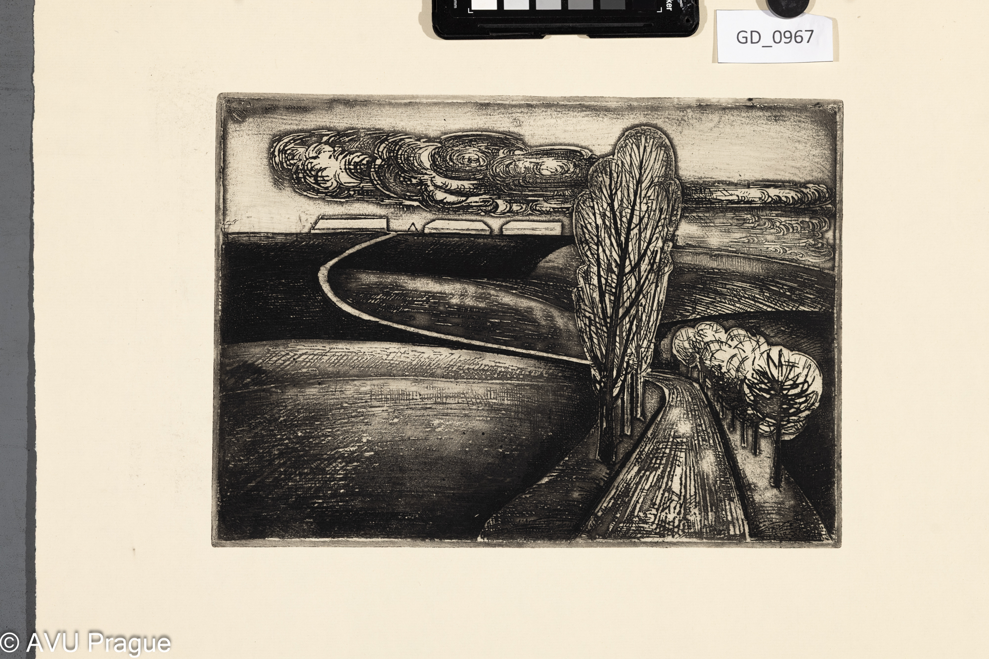 Neurčeno, Krajina se stromem, Rezerváž21,1 x 29,4, 48,6 x 46,3,