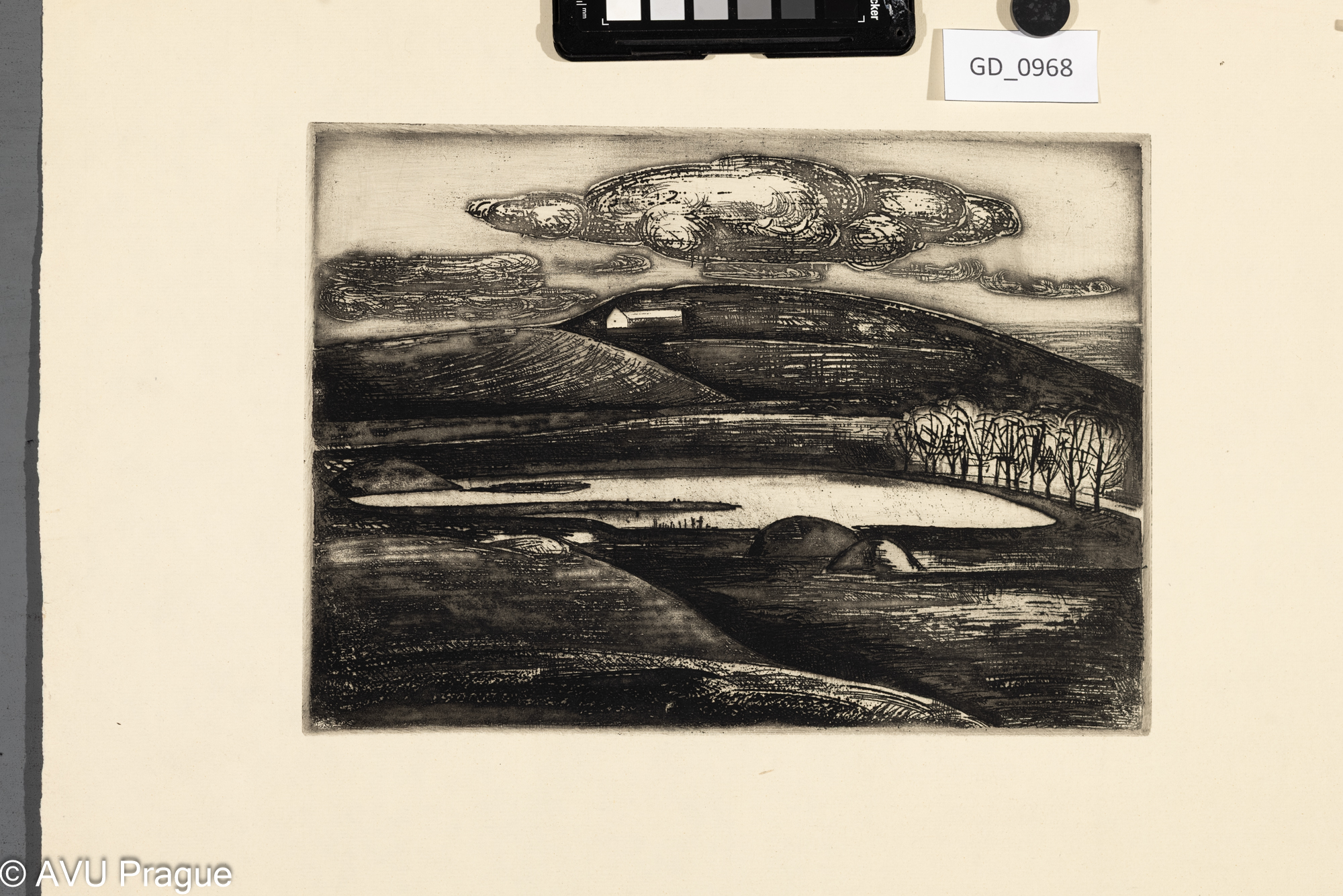 Neurčeno, Krajina s mraky, Rezerváž, 20,9 x 29,3, 48,4 x 46,6,