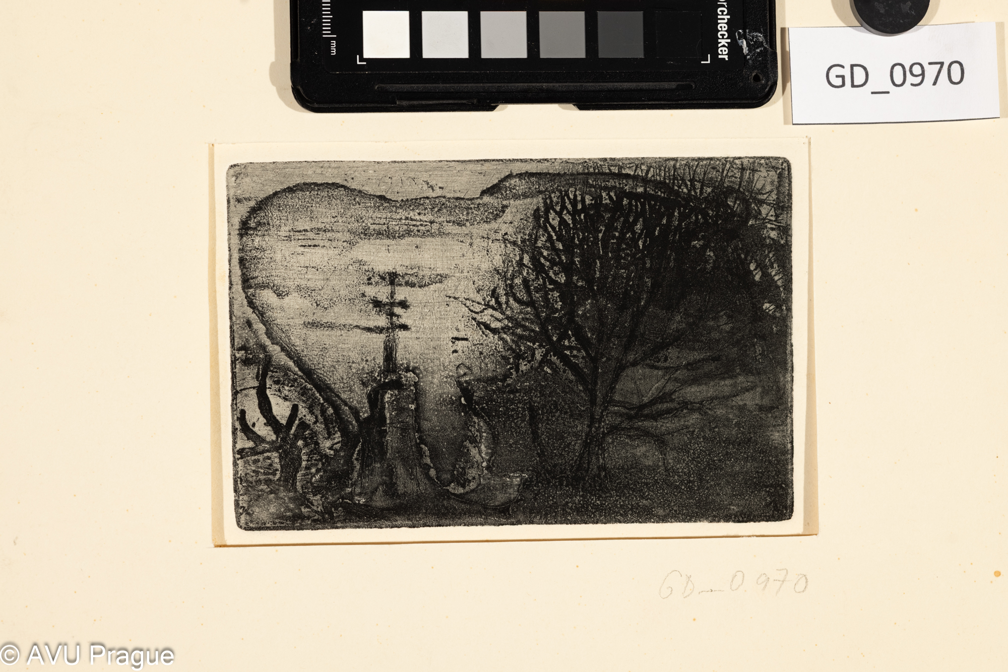 Neurčeno, Krajina s křížemAkvatinta9,4 x 14,3, 20,4 x 25,3,