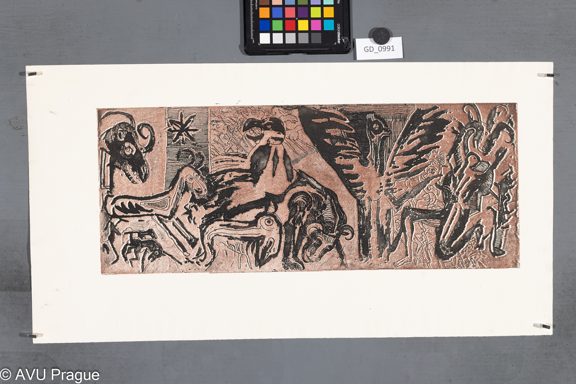 Nezjištěno, Reliéf se zvířatyReliéf se zvířaty, Akvatinta -soutisk dvě desky a barvy - barva z výšky, 19,3 x 49,3, 32,4 x 61,1,