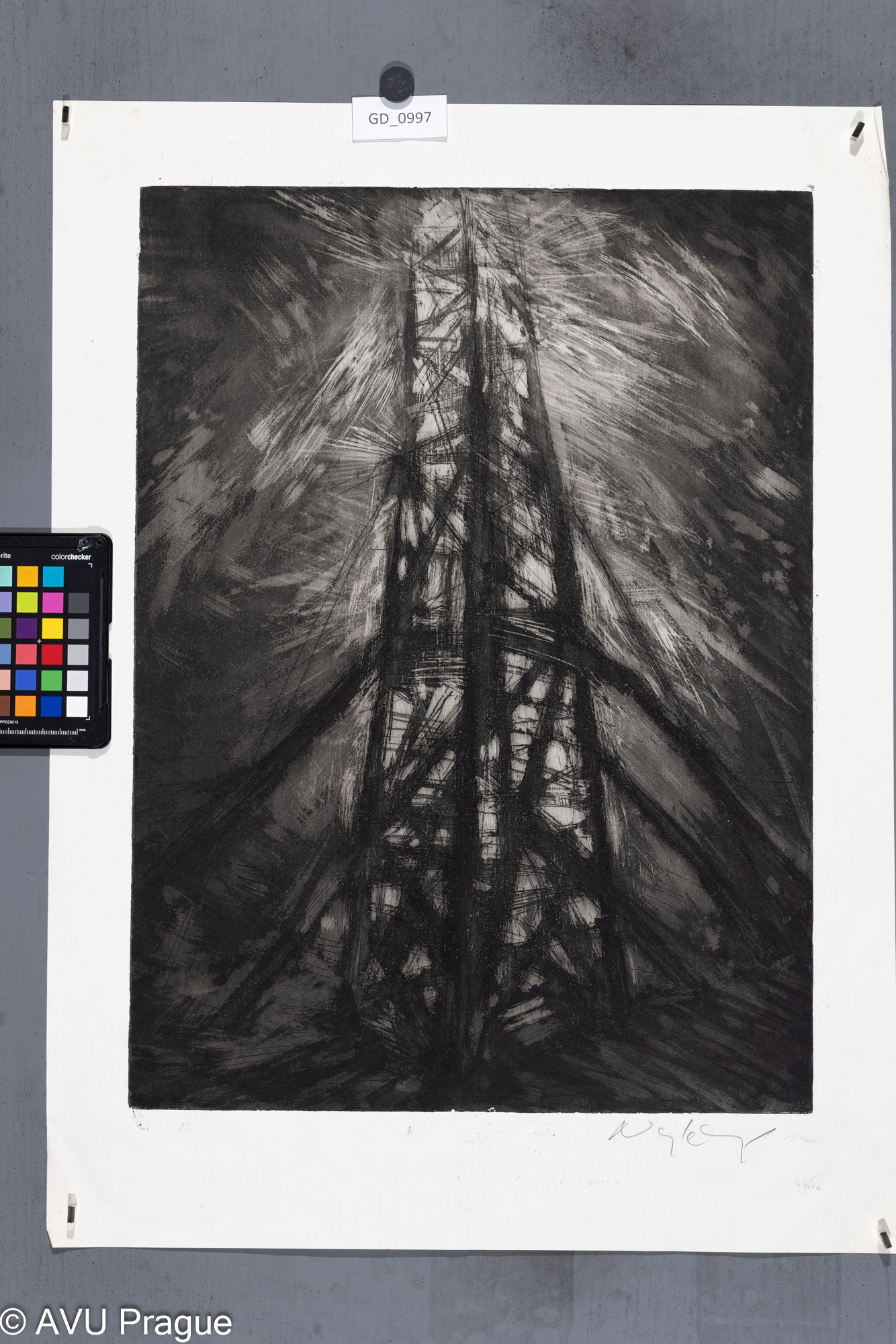 Zuzana Nováčková, Stožár trakčního vedení, Lept /akvatinta, 53,6 x 39,5, 66,3 x 49,1, Čepelák