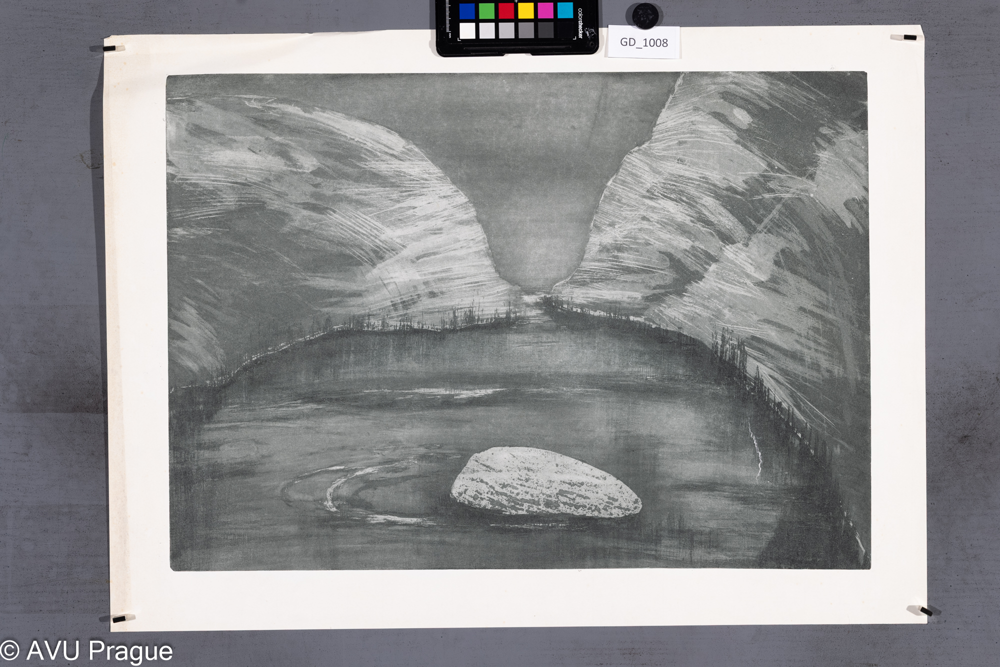 Zuzana Nováčková, Vodní plocha s kamenem, Akvatinta / rezerváž, 38 x 53,8,48 x 62,6,Čepelák